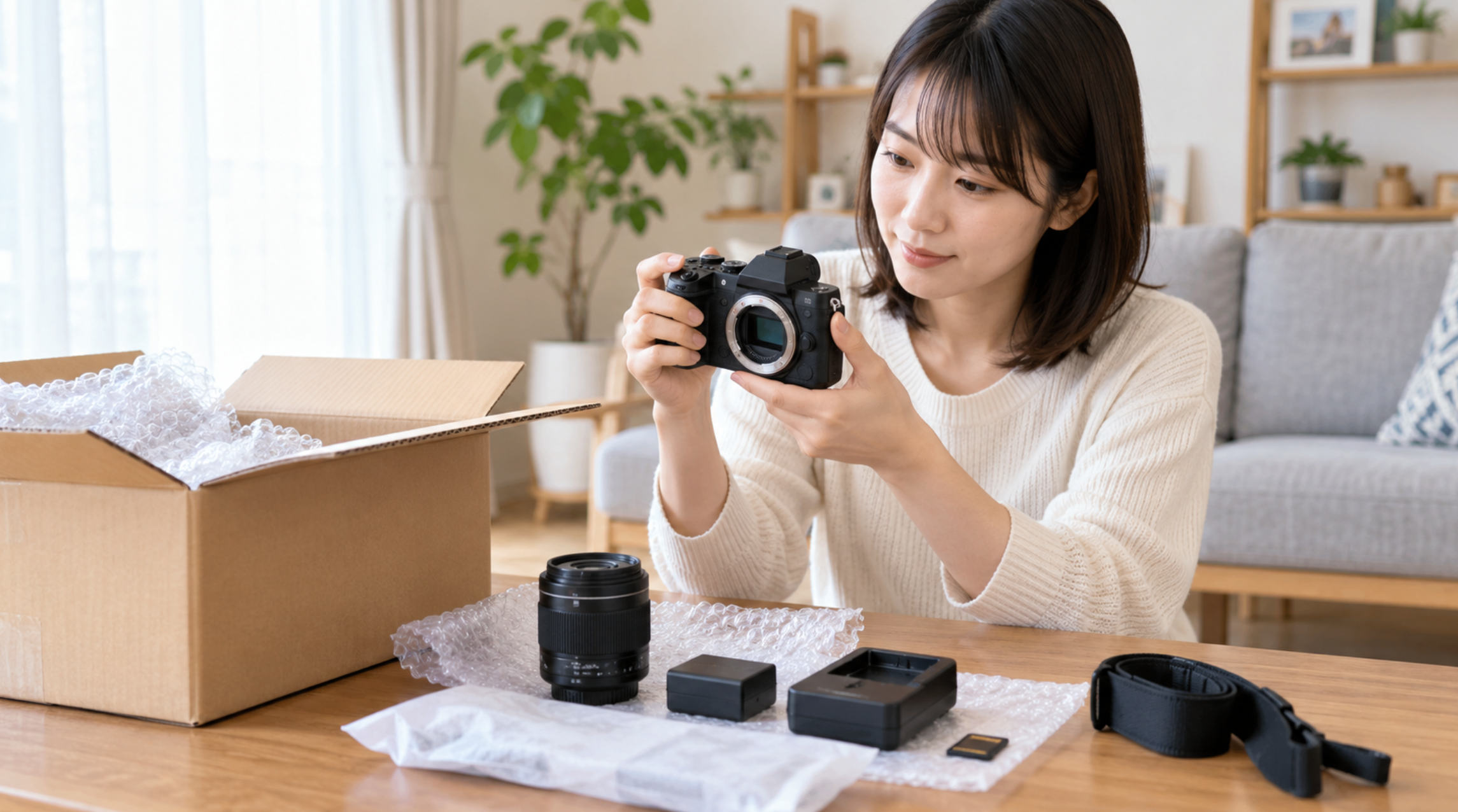 届いた中古カメラを開封して受取評価前に状態と付属品を確認する女性