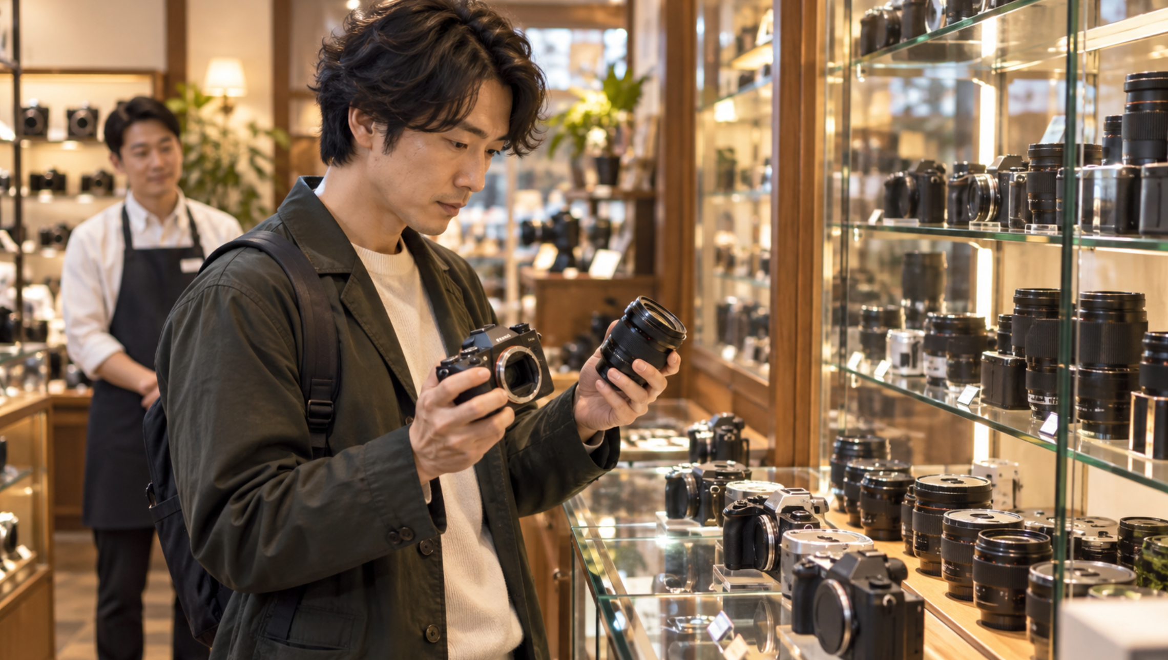 中古カメラ専門店でカメラボディと交換レンズを比較して選ぶ男性