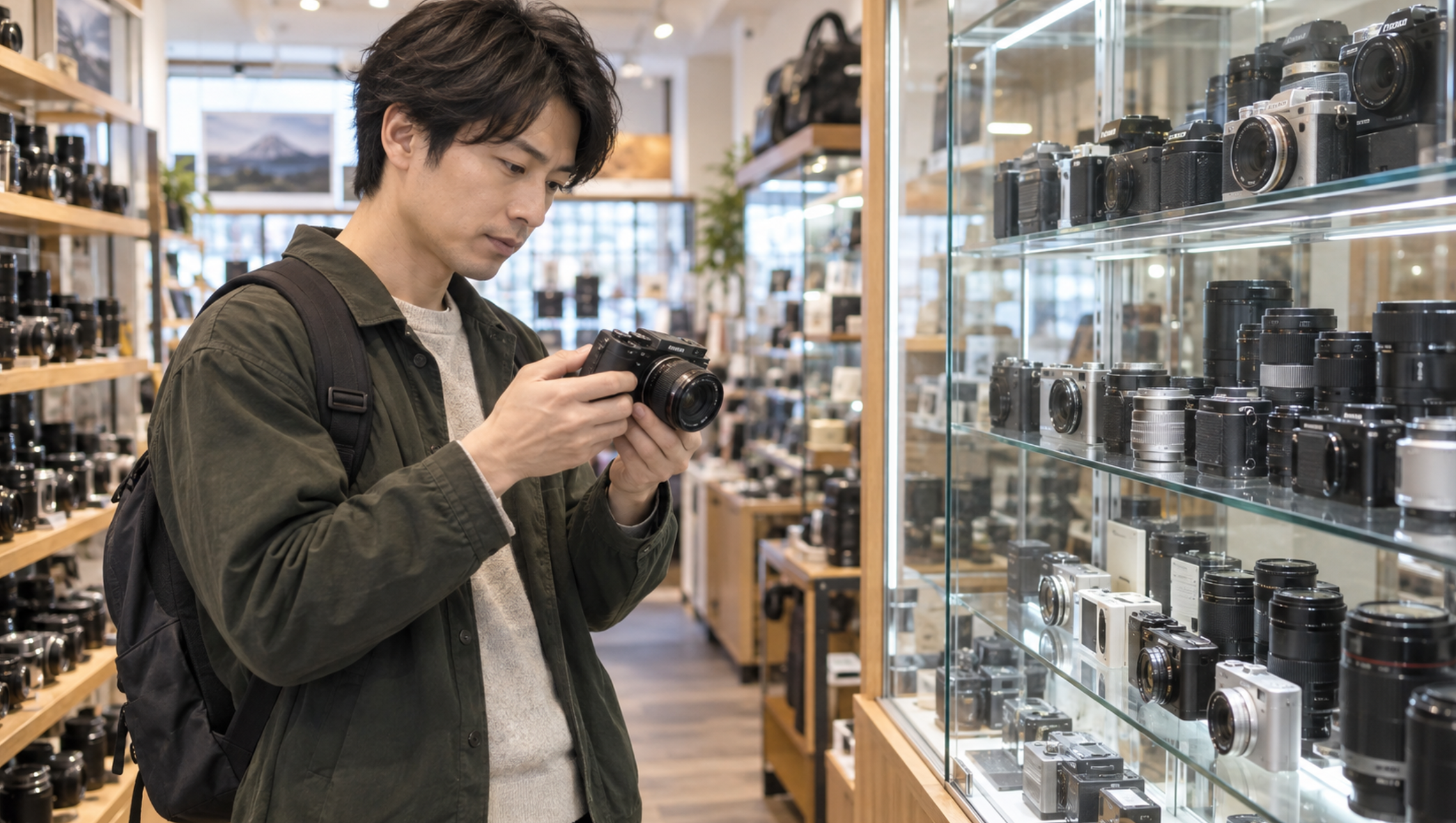 リサイクルショップの中古カメラ売り場でミラーレスカメラを確認する男性