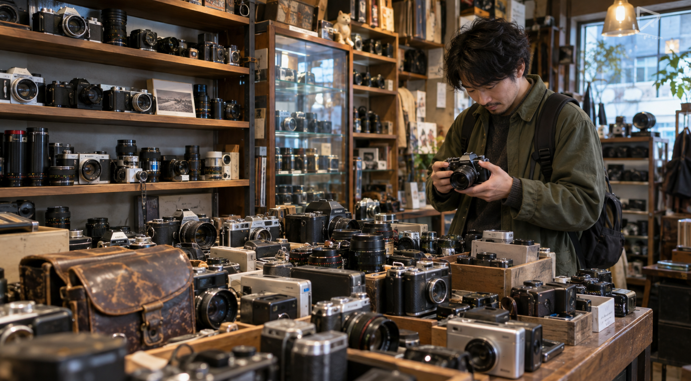 ハードオフのような中古カメラ売り場でジャンクや旧型カメラを探す男性