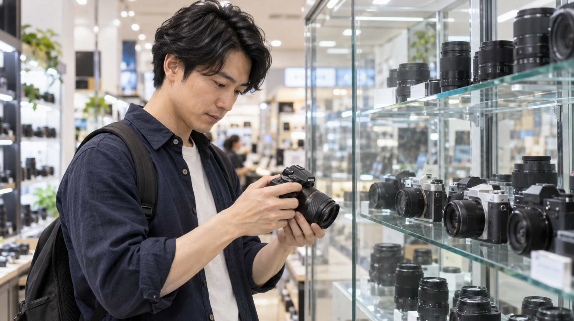 家電量販店のカメラ売り場で中古ミラーレスカメラを確認する日本人男性