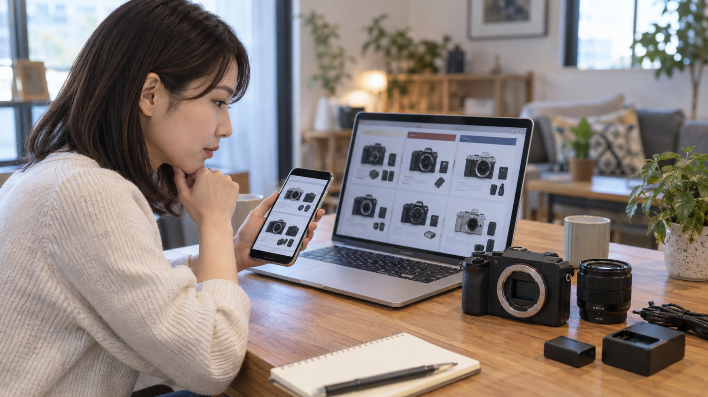 中古カメラの価格や付属品をパソコンとスマートフォンで比較する日本人女性