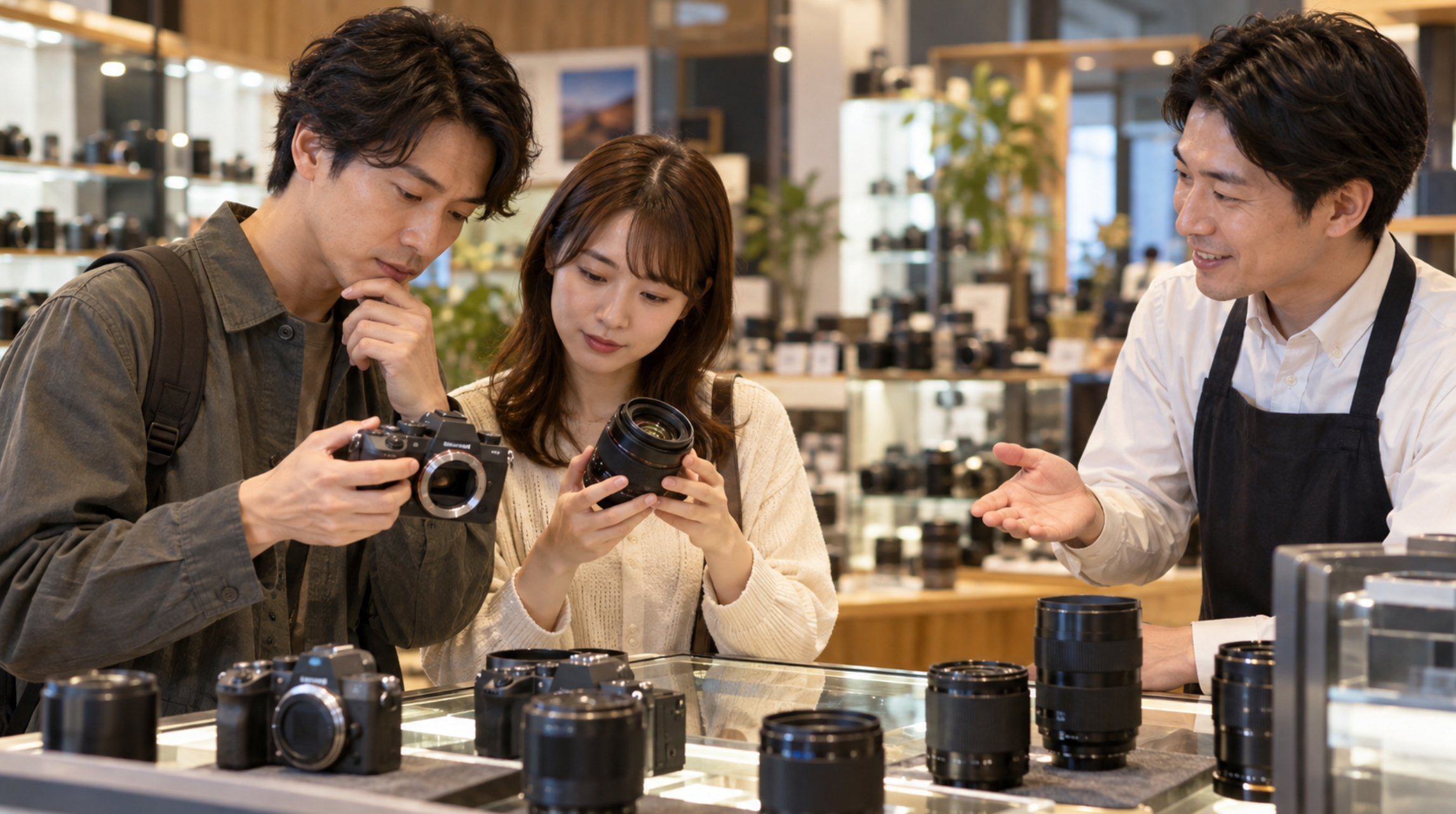 中古カメラと交換レンズを店員に相談しながら比較する日本人の購入者