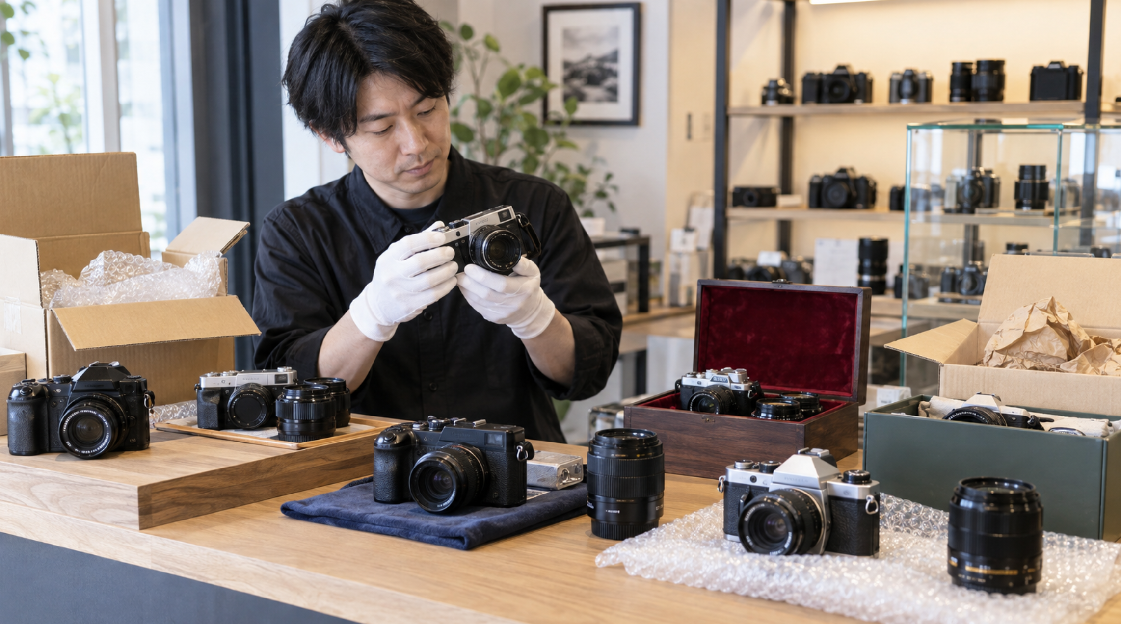 中古カメラ店で複数のカメラを検品するスタッフ