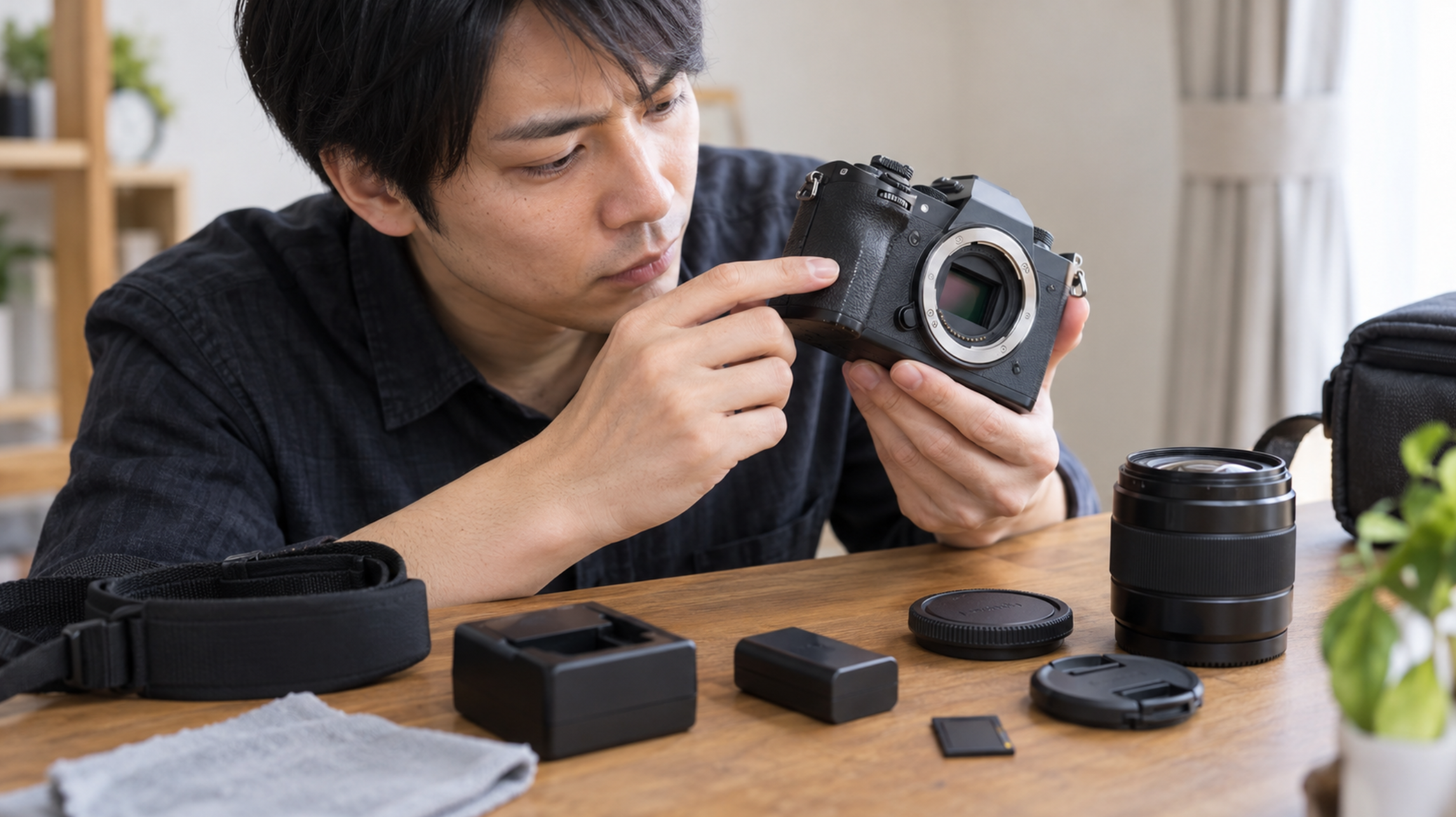 中古カメラの外観や付属品を確認する日本人男性