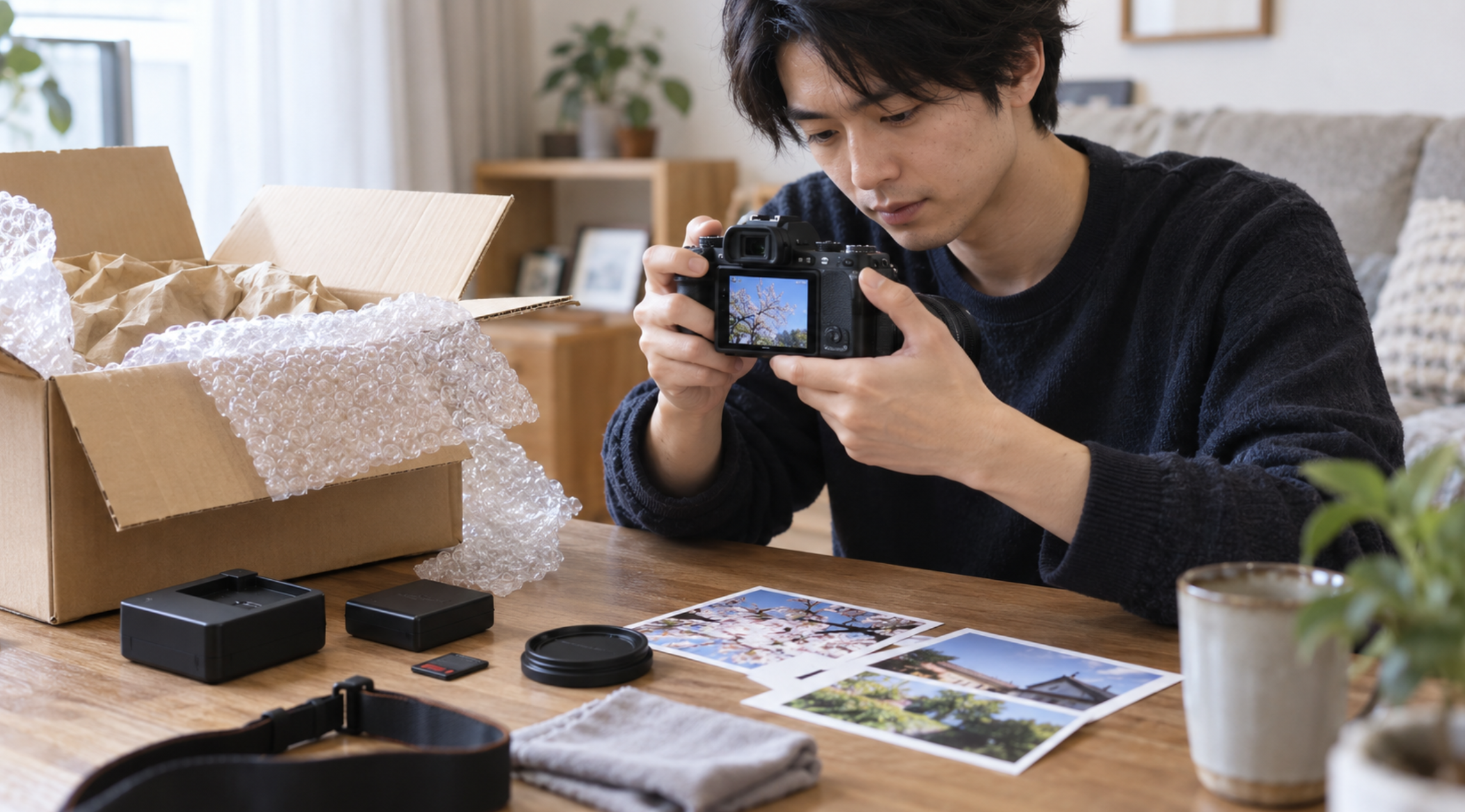 届いた中古カメラを開封して動作確認する様子