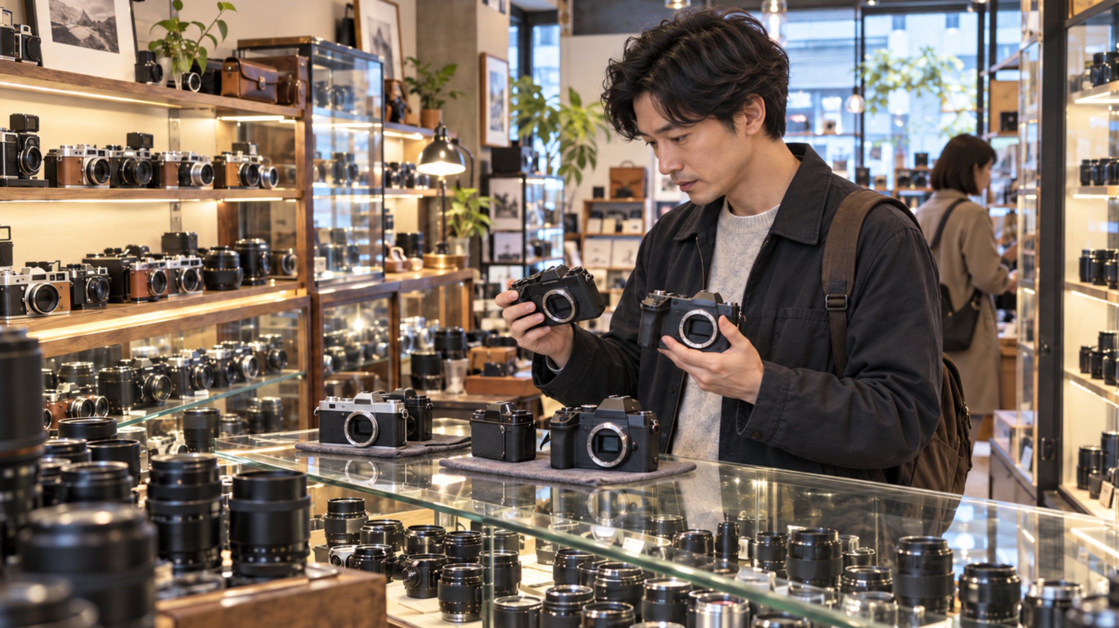 東京の中古カメラ店でカメラの状態を比較する男性