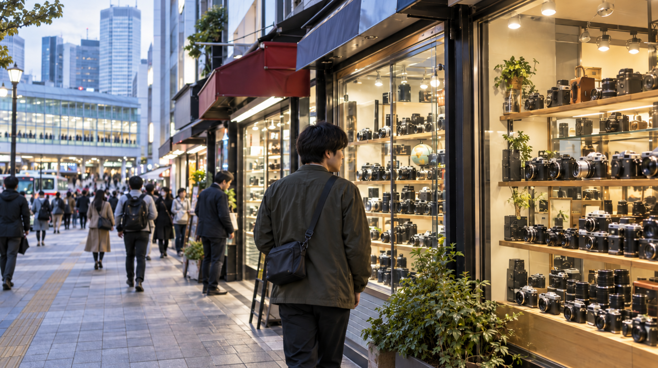 東京の中古カメラ店を巡って商品を比較する様子