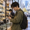 新宿西口の中古カメラ店でカメラやレンズを比較する男性