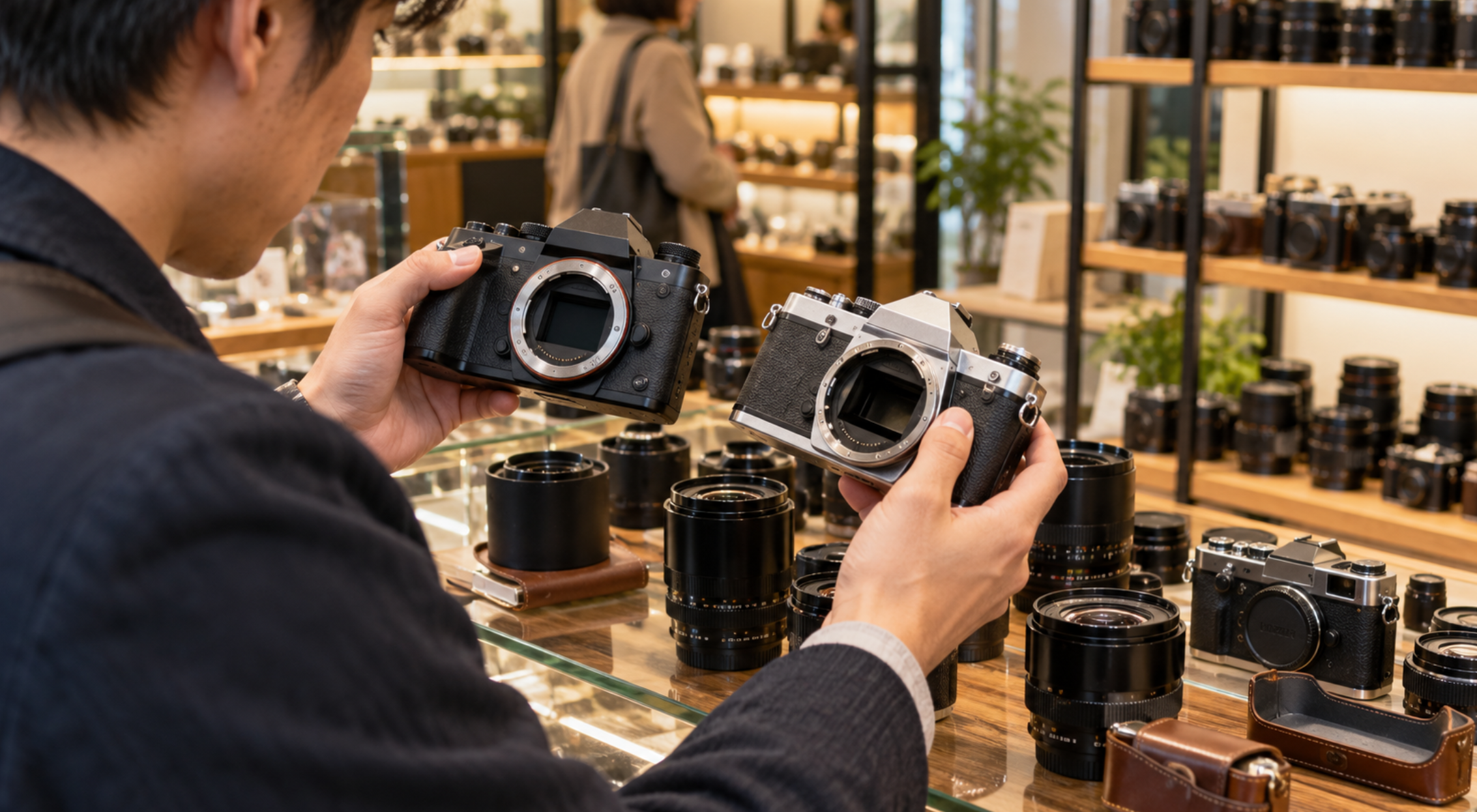 中古カメラ店でミラーレスとフィルムカメラを比較する男性