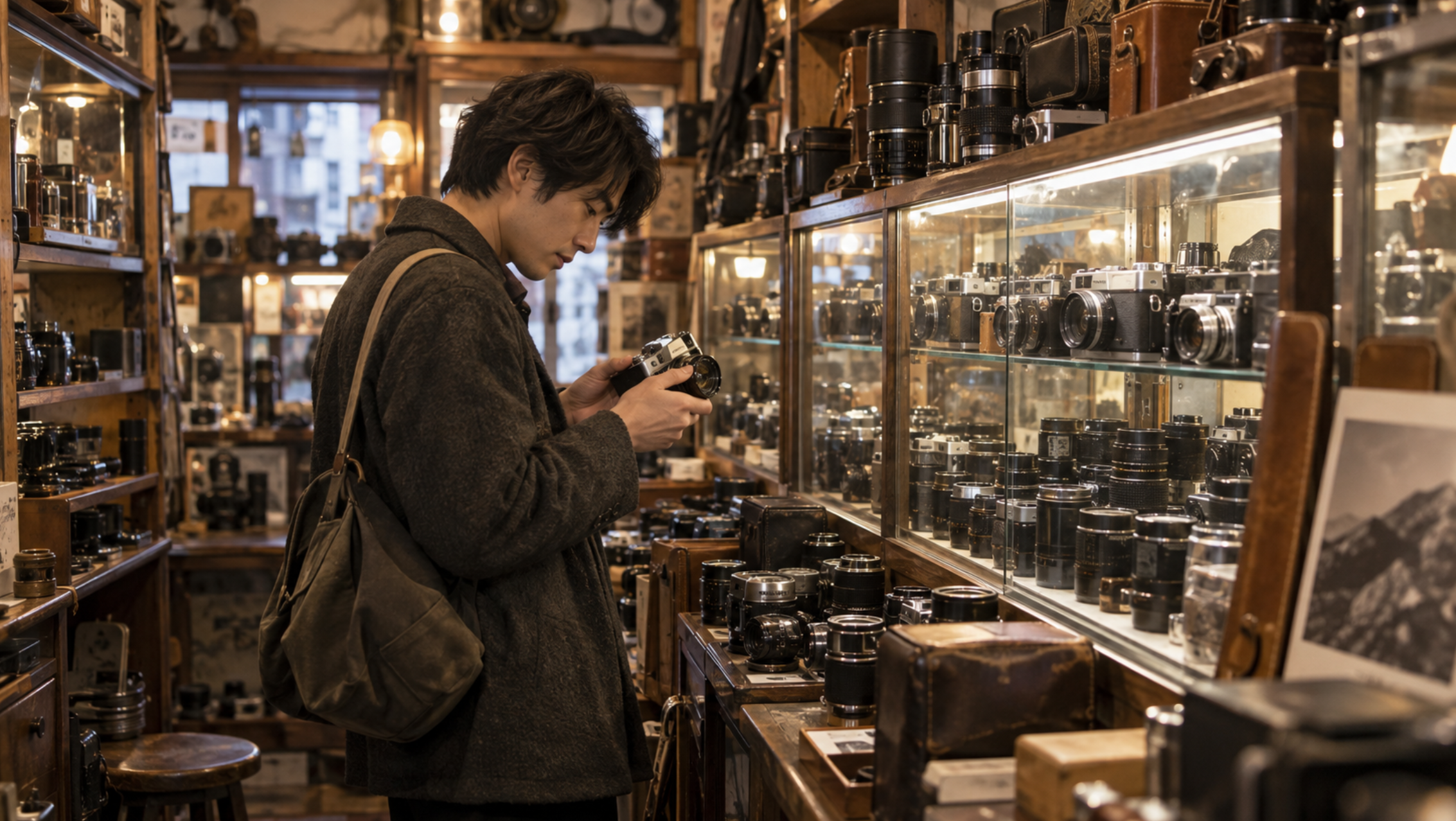 新宿の中古カメラ店でフィルムカメラとオールドレンズを選ぶ男性