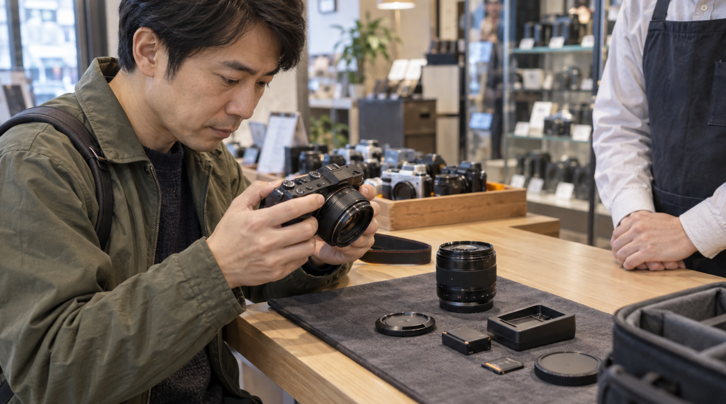 中古カメラ店でミラーレスの状態や付属品を確認する男性
