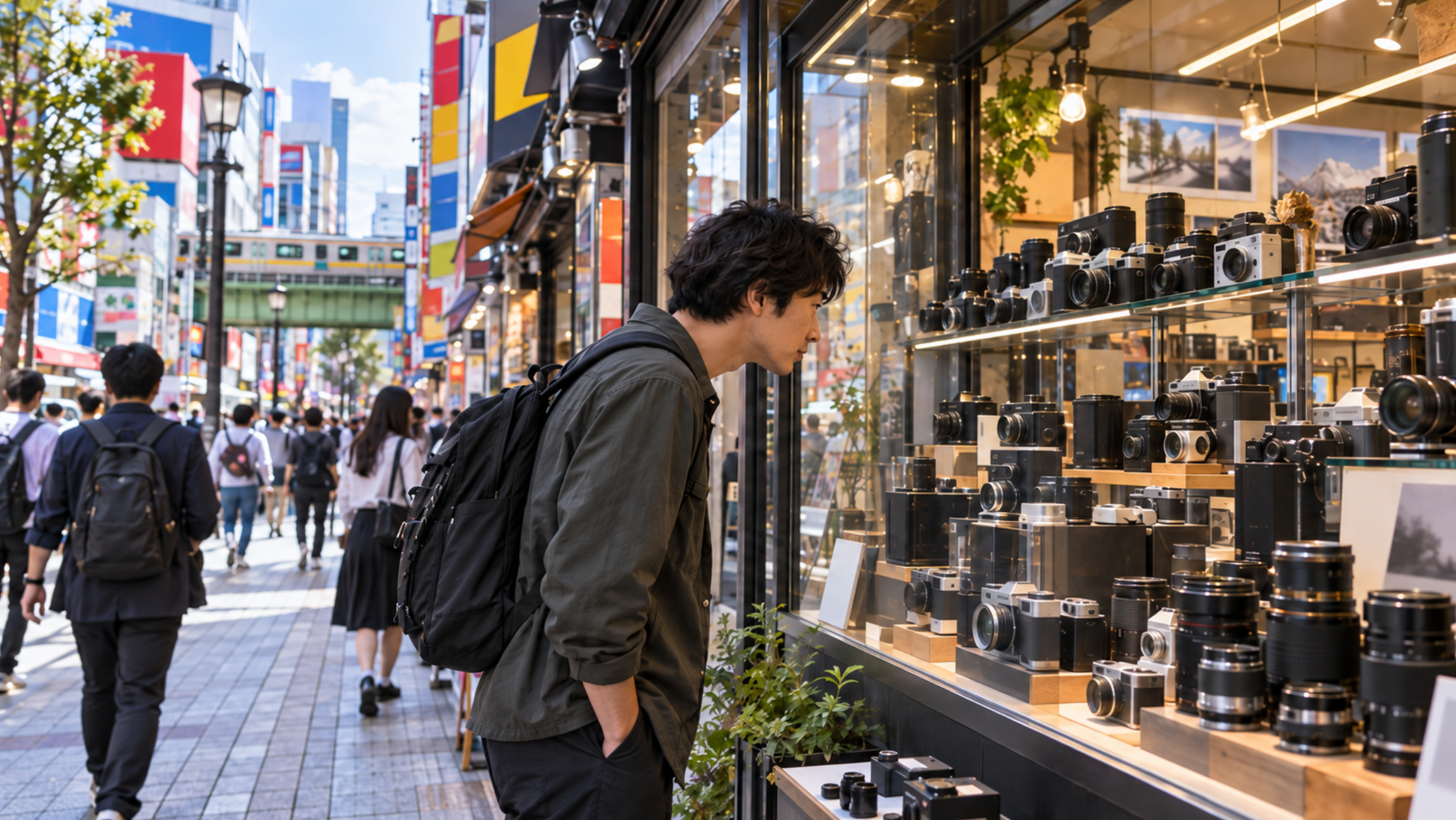 秋葉原の中古カメラ店でショーウィンドウを見る男性