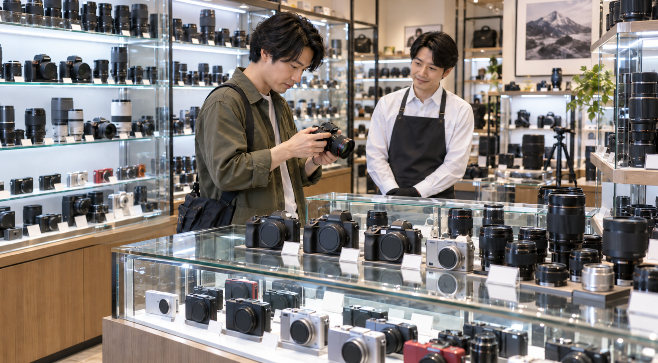 中古カメラ店でミラーレスや交換レンズを比較する男性