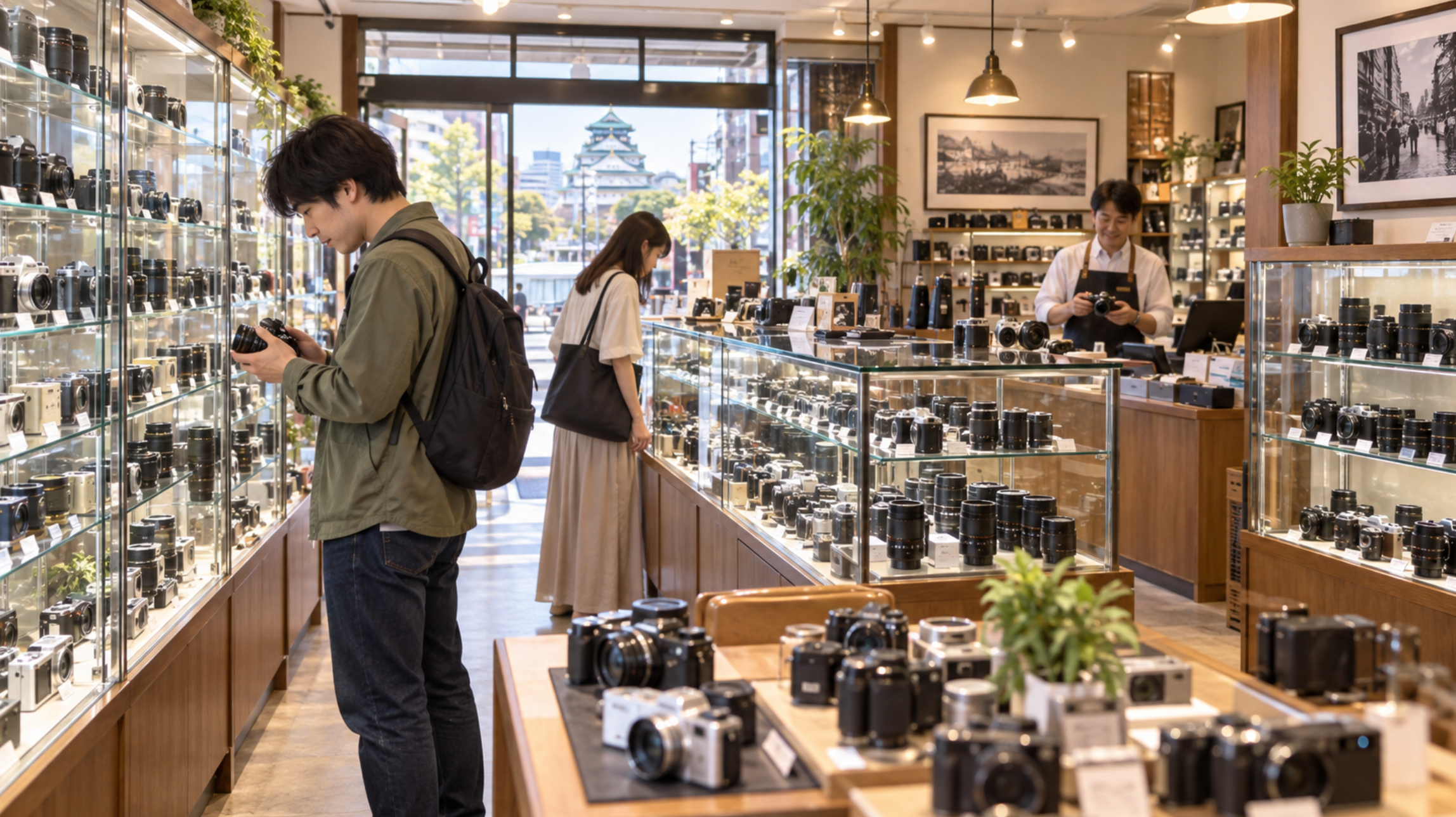 大阪の中古カメラ店でミラーレスや交換レンズを比較する様子