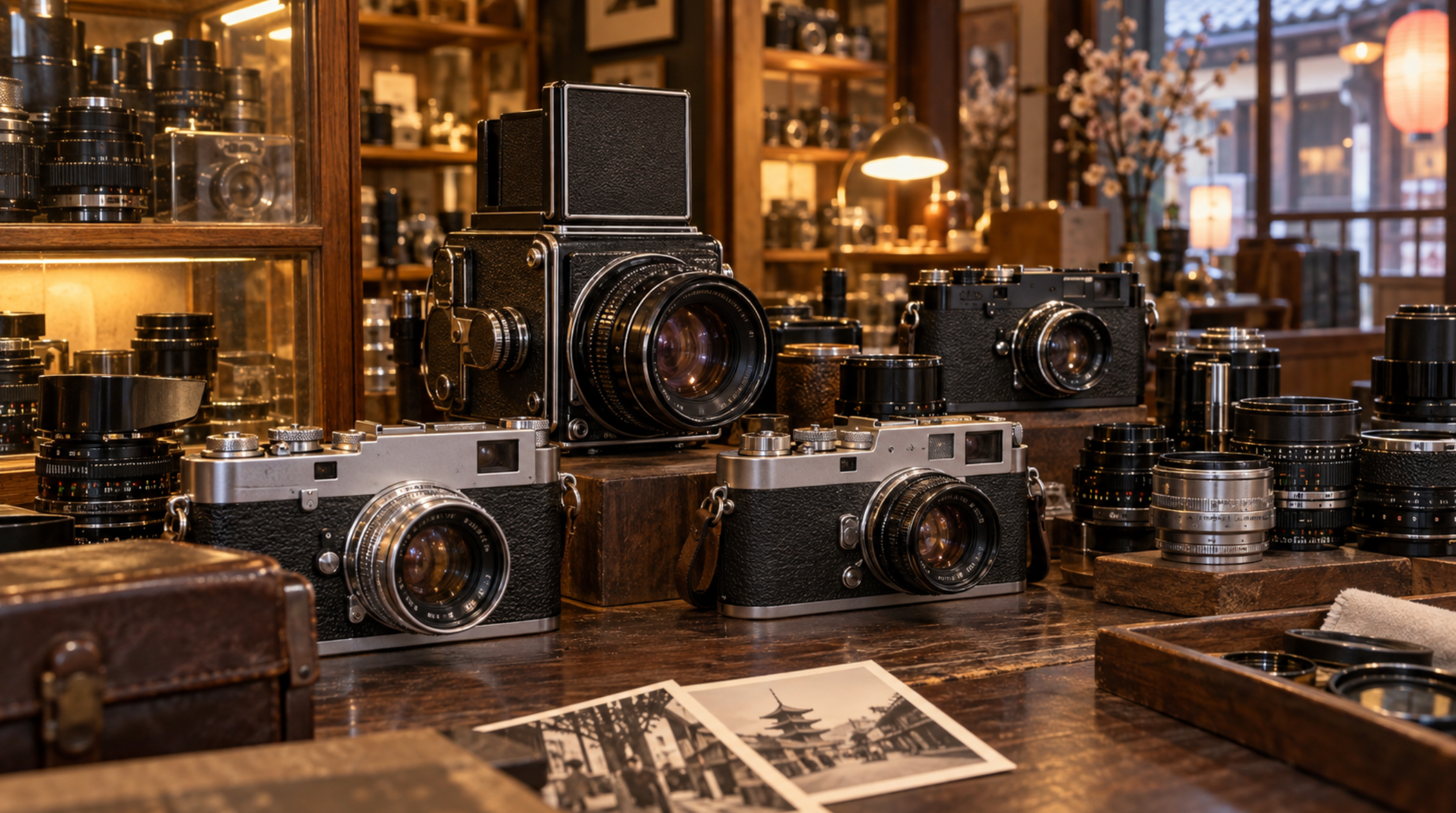 大阪の中古カメラ専門店に並ぶフィルムカメラとオールドレンズ