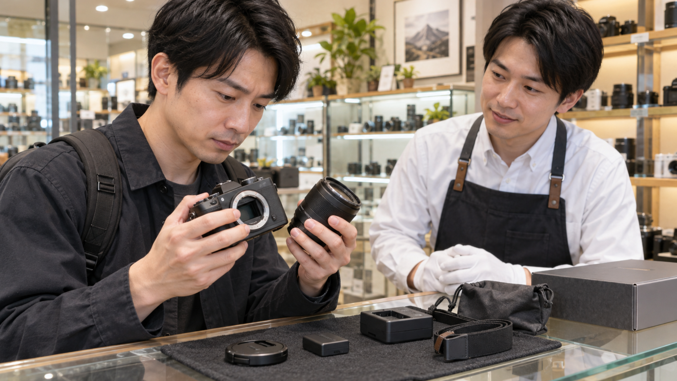 中古カメラ店で本体やレンズと付属品の状態を確認する様子