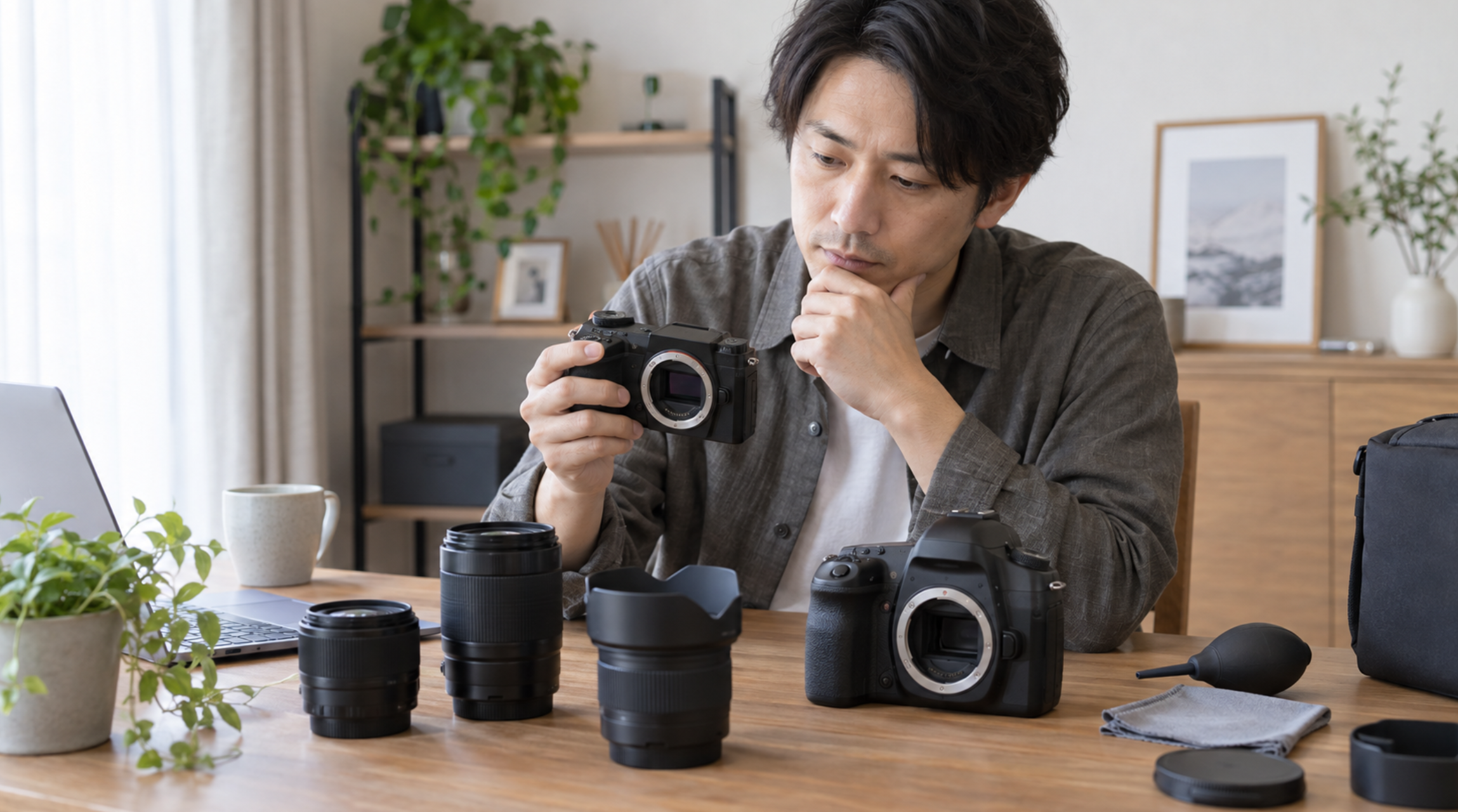 中古カメラと交換レンズを確認しながら買取先を検討する男性