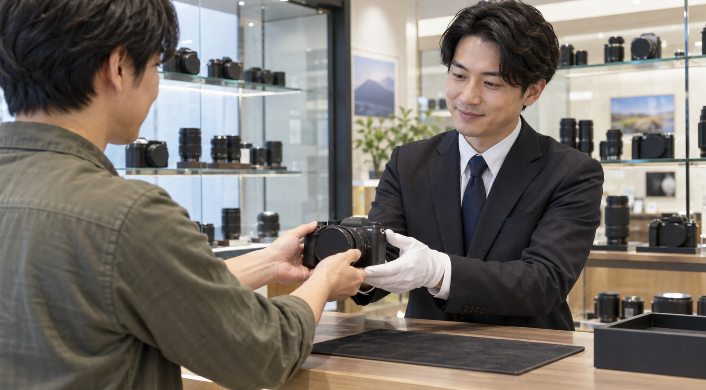 カメラ専門店で中古カメラの店頭買取査定を依頼する様子