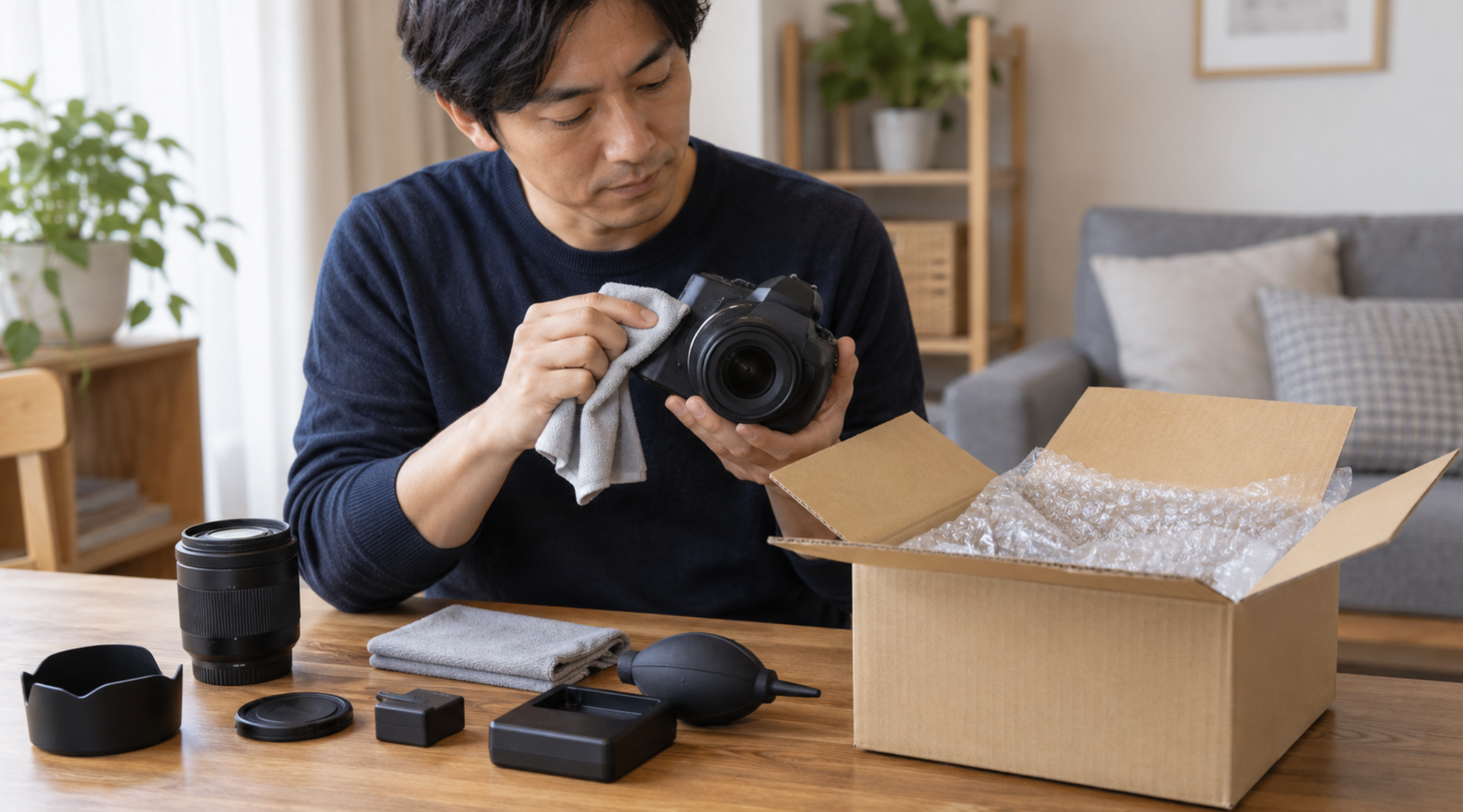 中古カメラを宅配買取へ送る前に清掃して梱包準備する男性