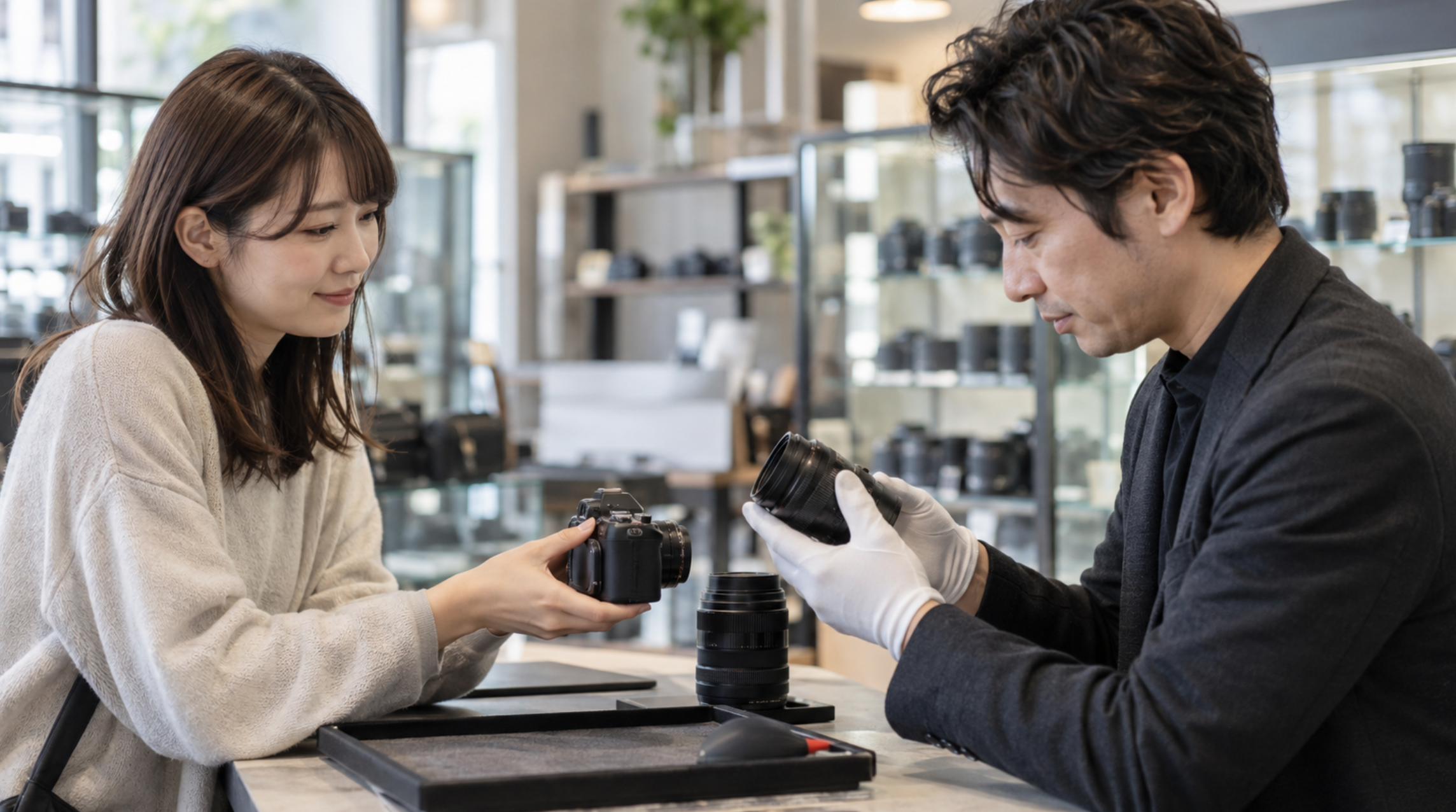 カメラ専門店で中古カメラとレンズの買取査定を受ける様子