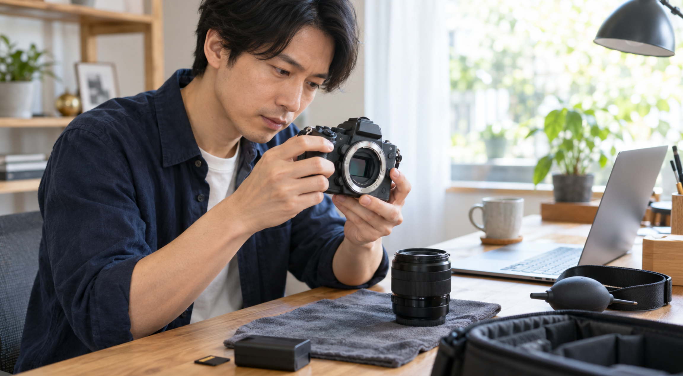 中古カメラを掃除する前に本体やセンサー周辺を点検する様子
