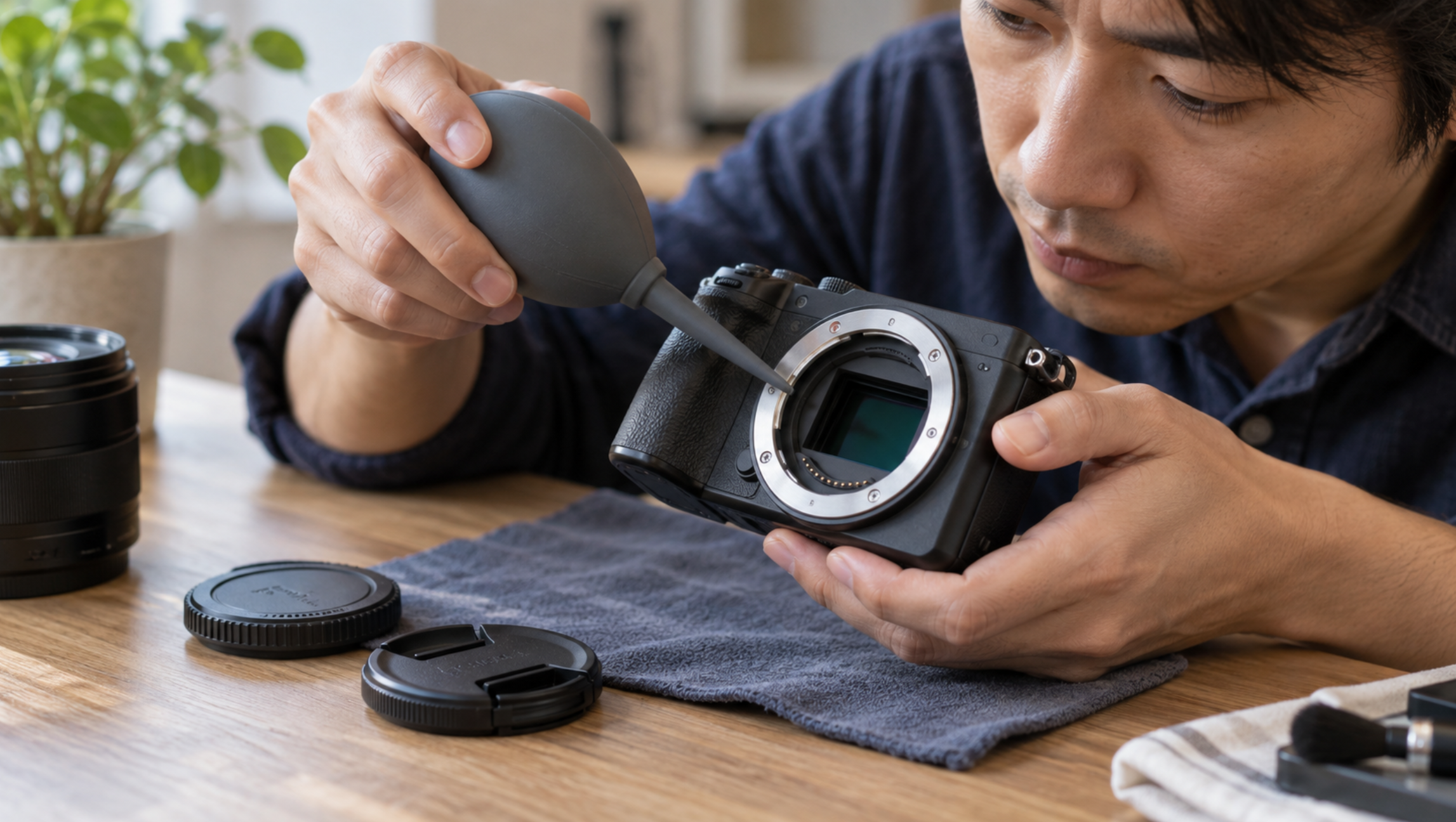 中古カメラのセンサーゴミを手動ブロアーで慎重に除去する様子