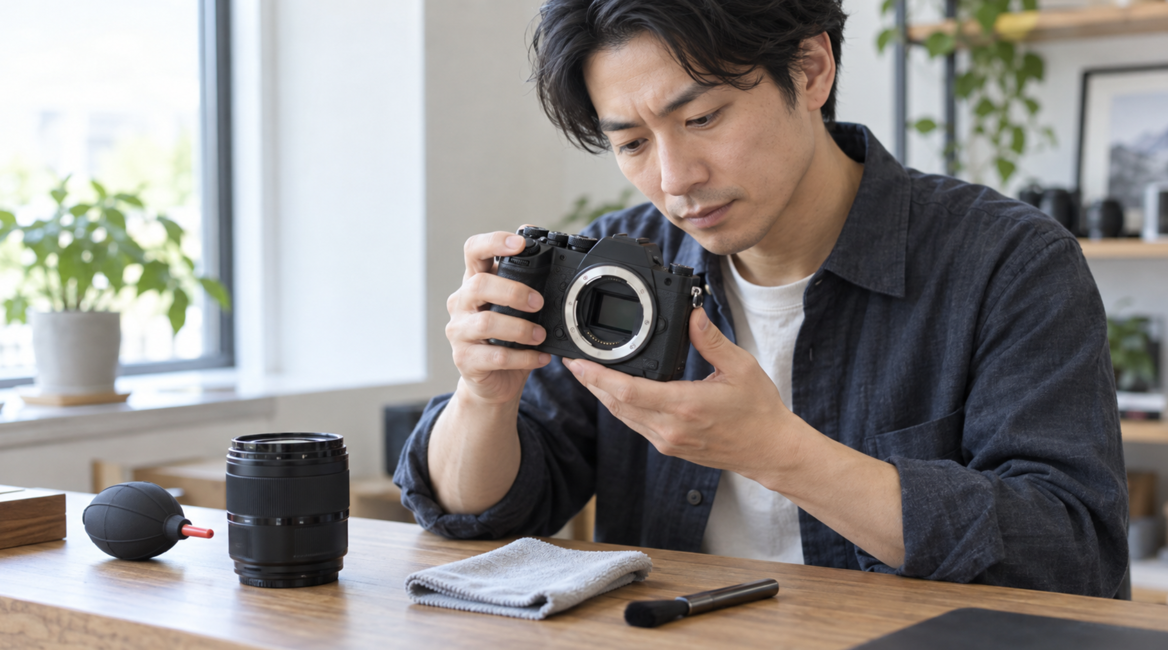 中古ミラーレスカメラを掃除前に点検する様子