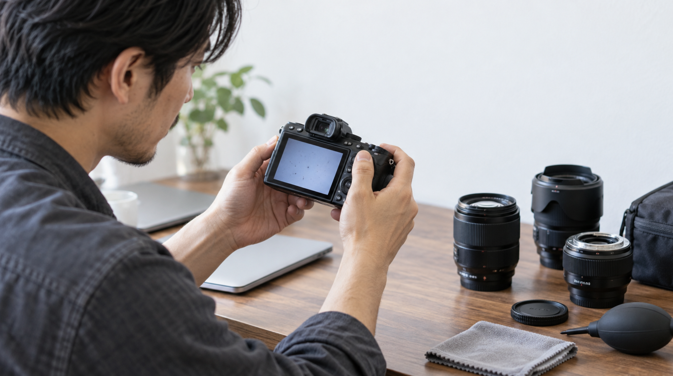 中古カメラの撮影画像でセンサーゴミを確認する様子