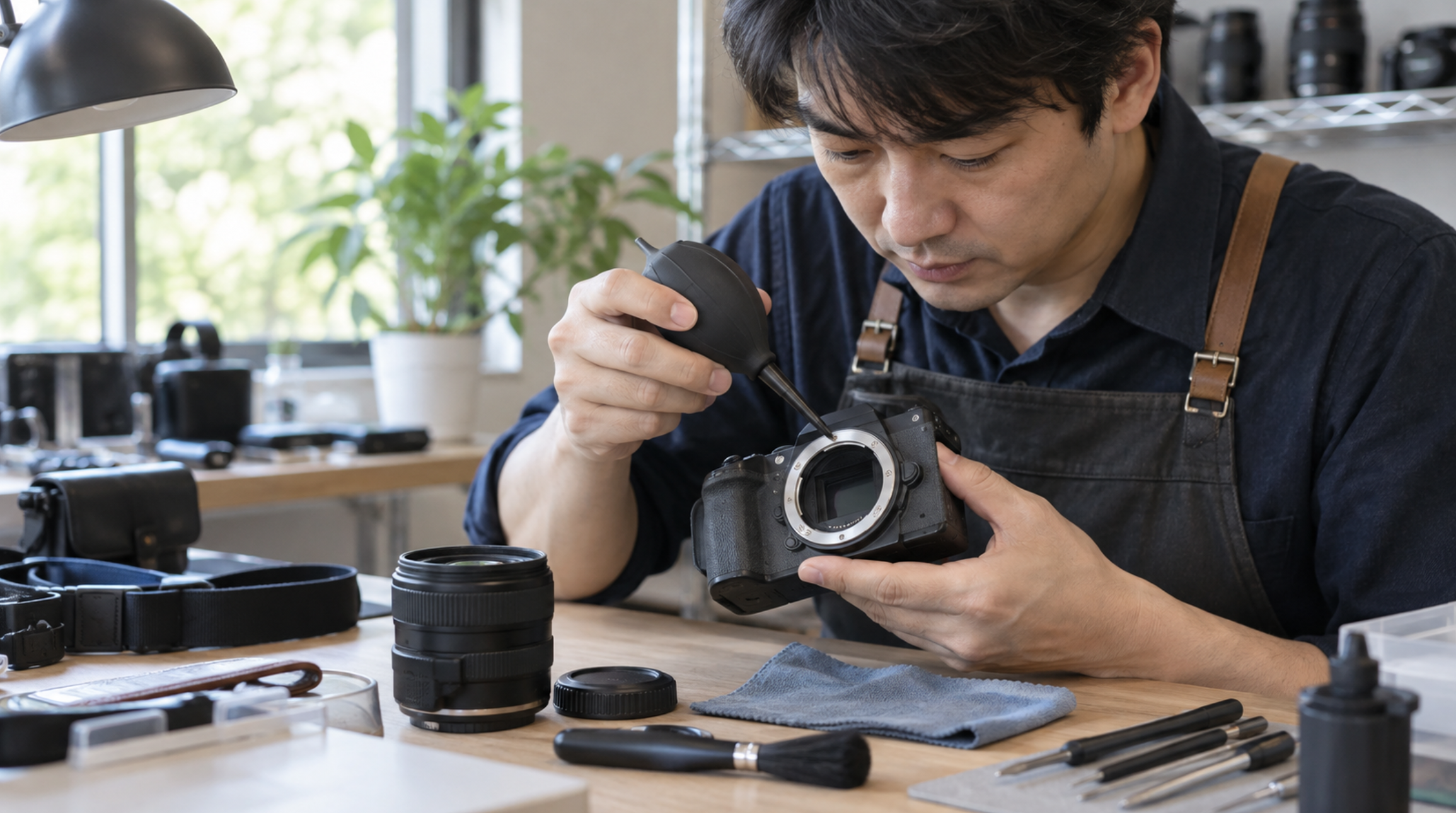 中古カメラを専門スタッフが点検しブロアーで清掃している様子