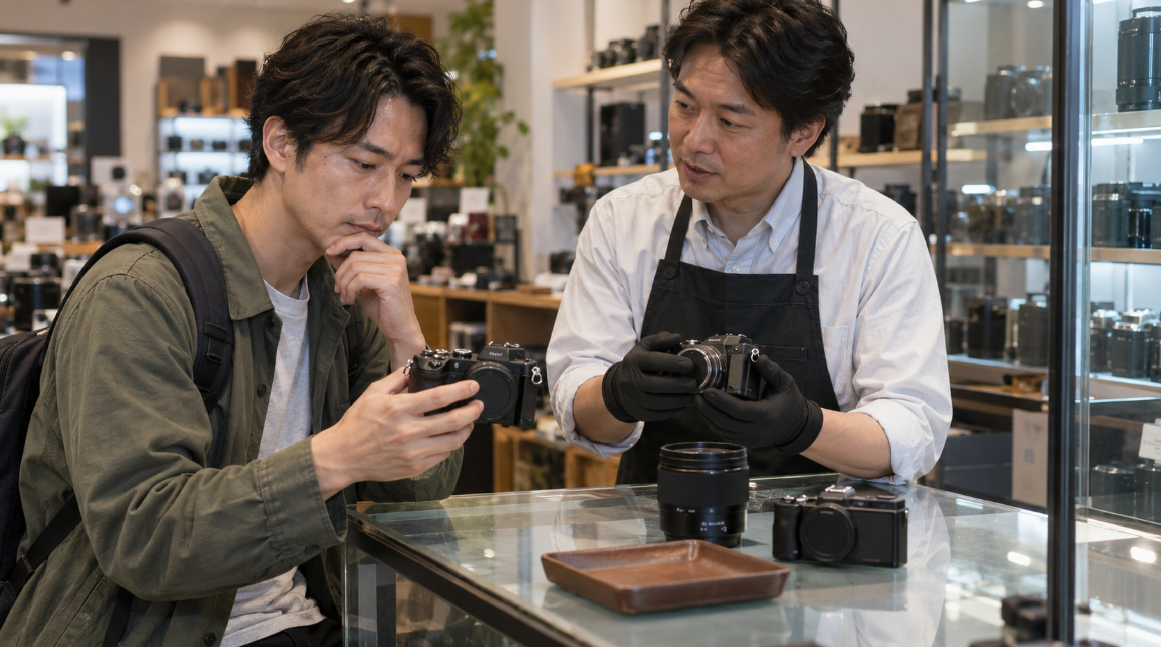 中古カメラ店で修理や買い替えについてスタッフに相談する様子