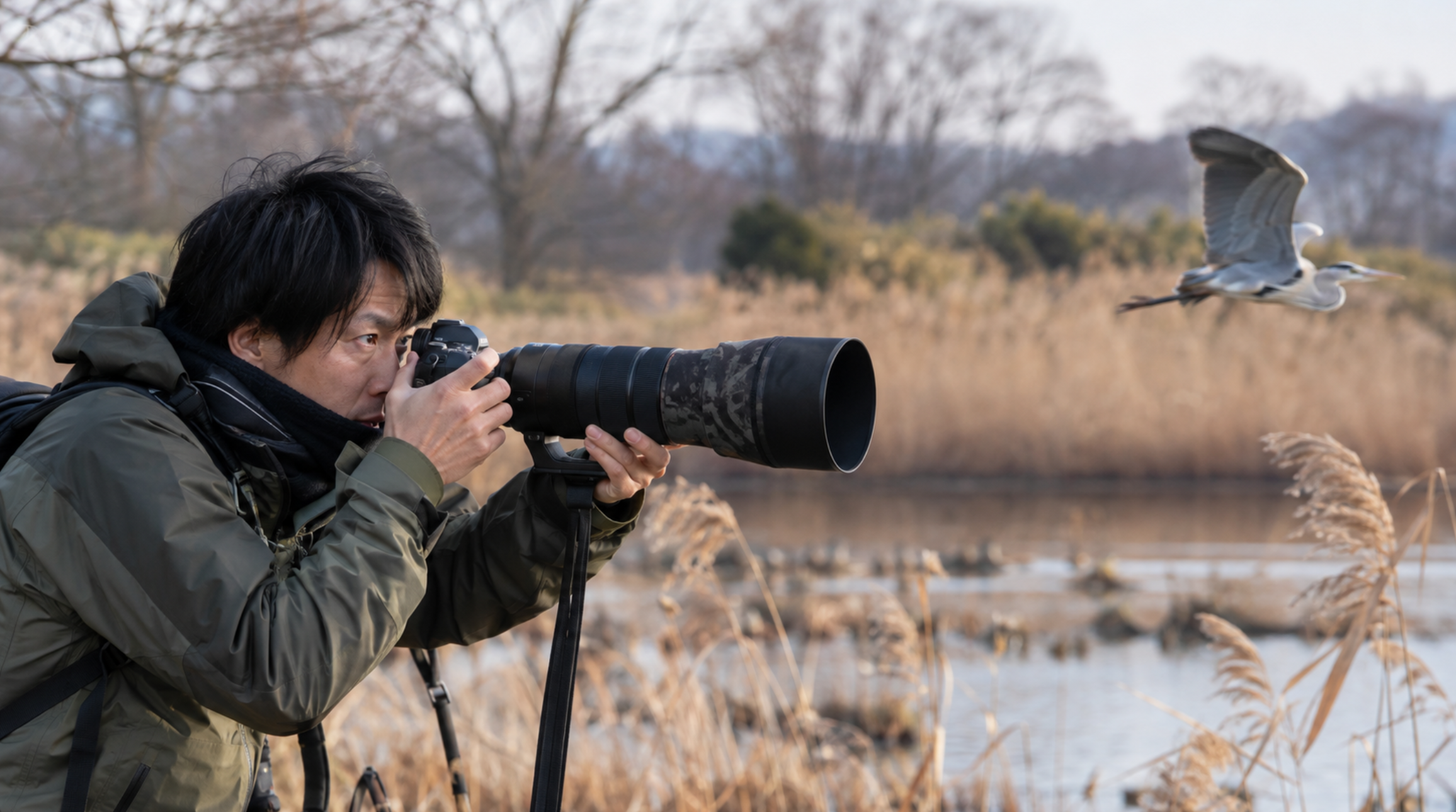 望遠レンズで飛翔する野鳥を撮影する日本人カメラマン