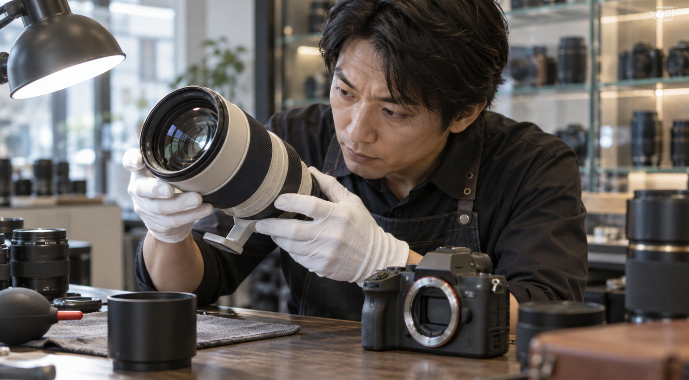 中古望遠レンズのカビやクモリを確認する日本人スタッフ
