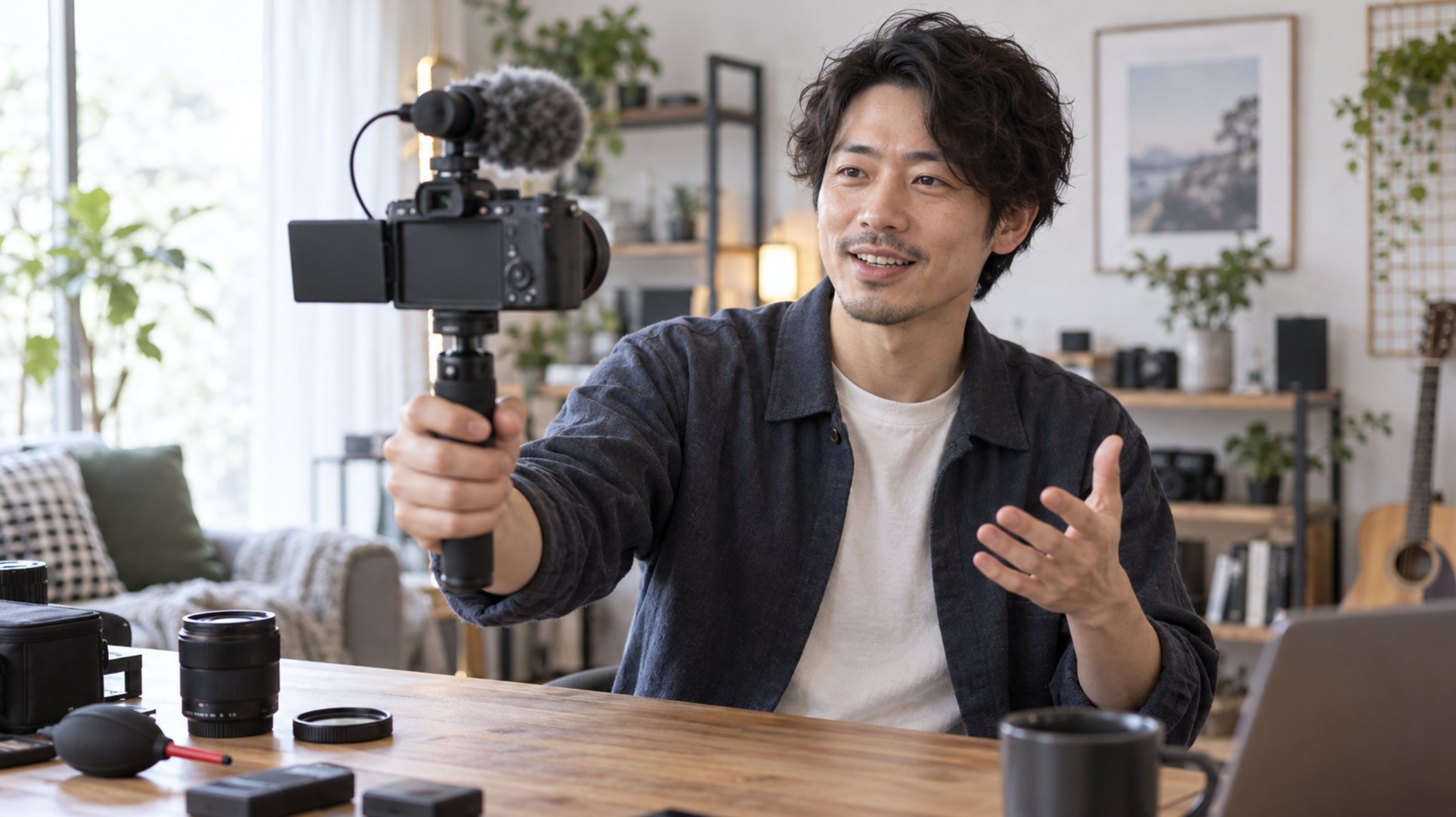 中古ミラーレスカメラと外部マイクでVlog動画を撮影する男性
