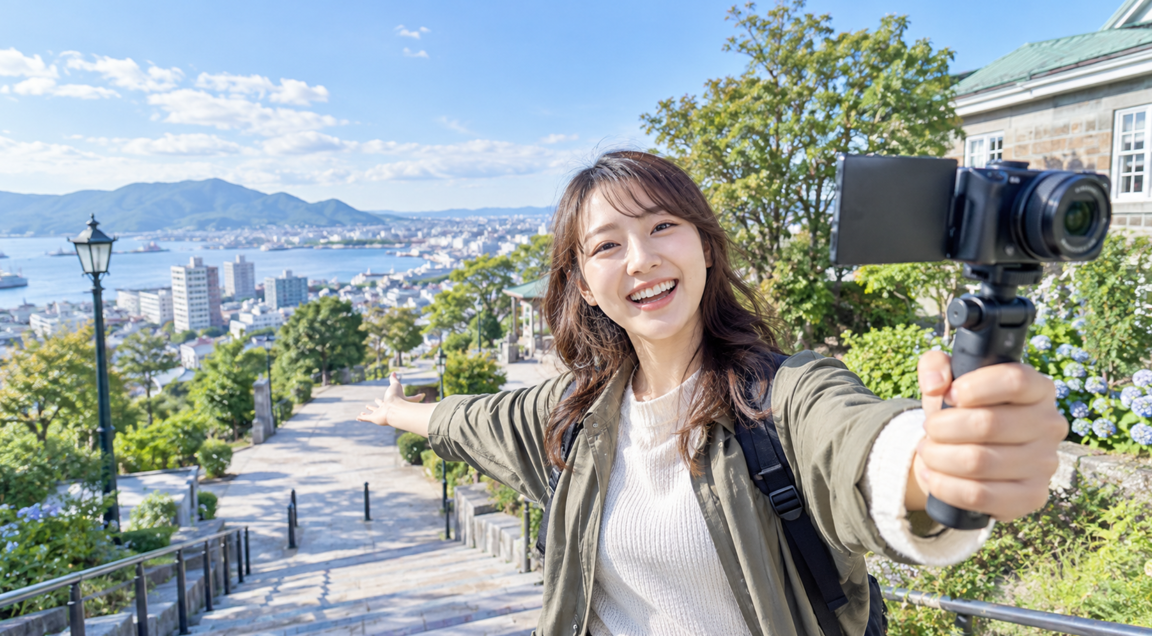 広角レンズ付きミラーレスカメラで旅行Vlogを自撮りする女性