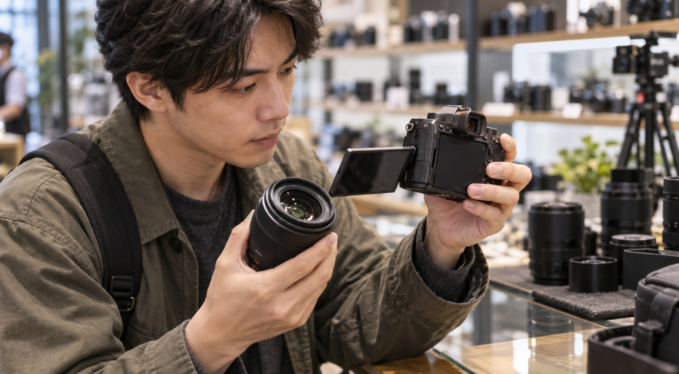 中古ミラーレスカメラの液晶やレンズの状態を店頭で確認する男性
