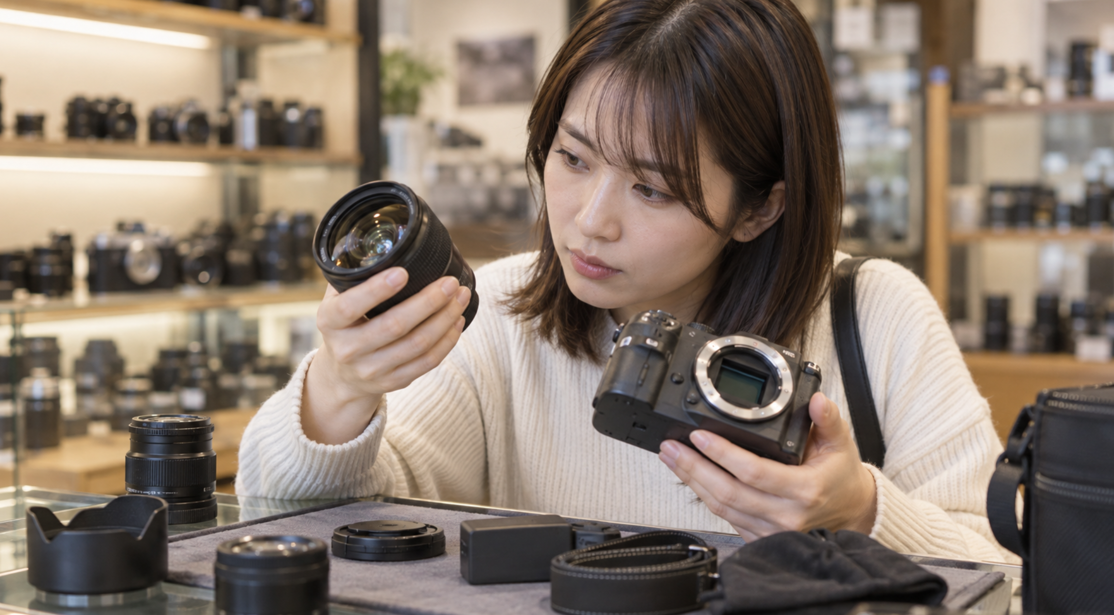 中古カメラ店でレンズとカメラ本体の状態を確認する女性