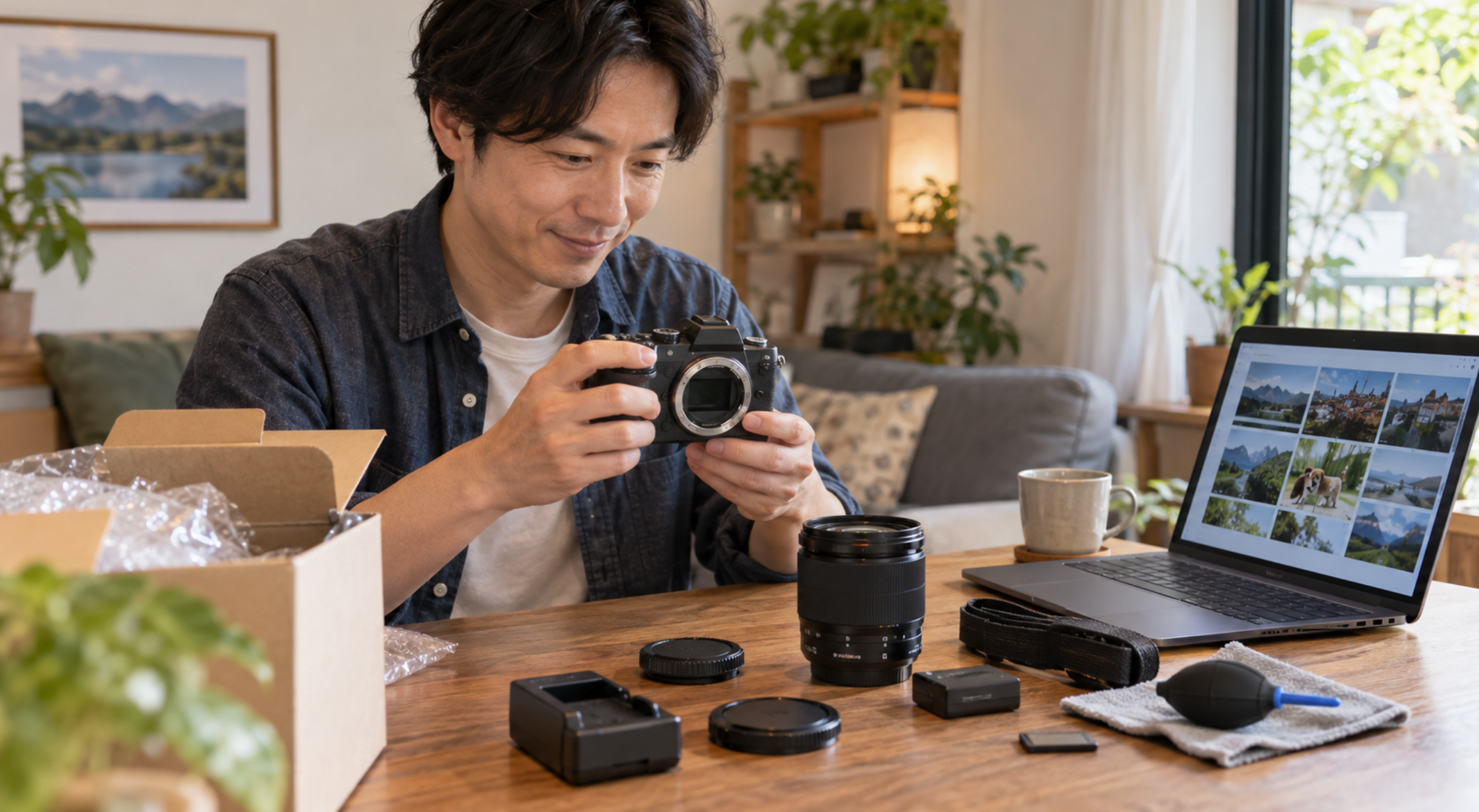 購入した中古カメラ本体とレンズや付属品を確認する男性