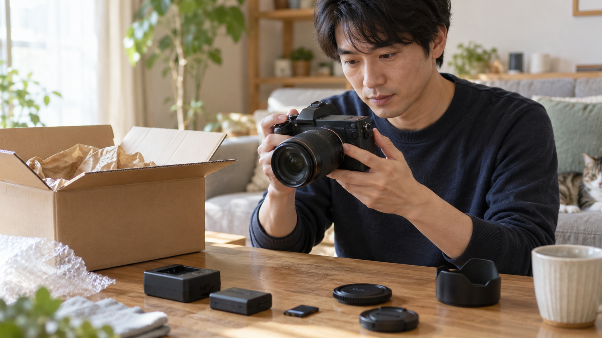 Amazonで届いた中古カメラの状態と付属品を確認する男性