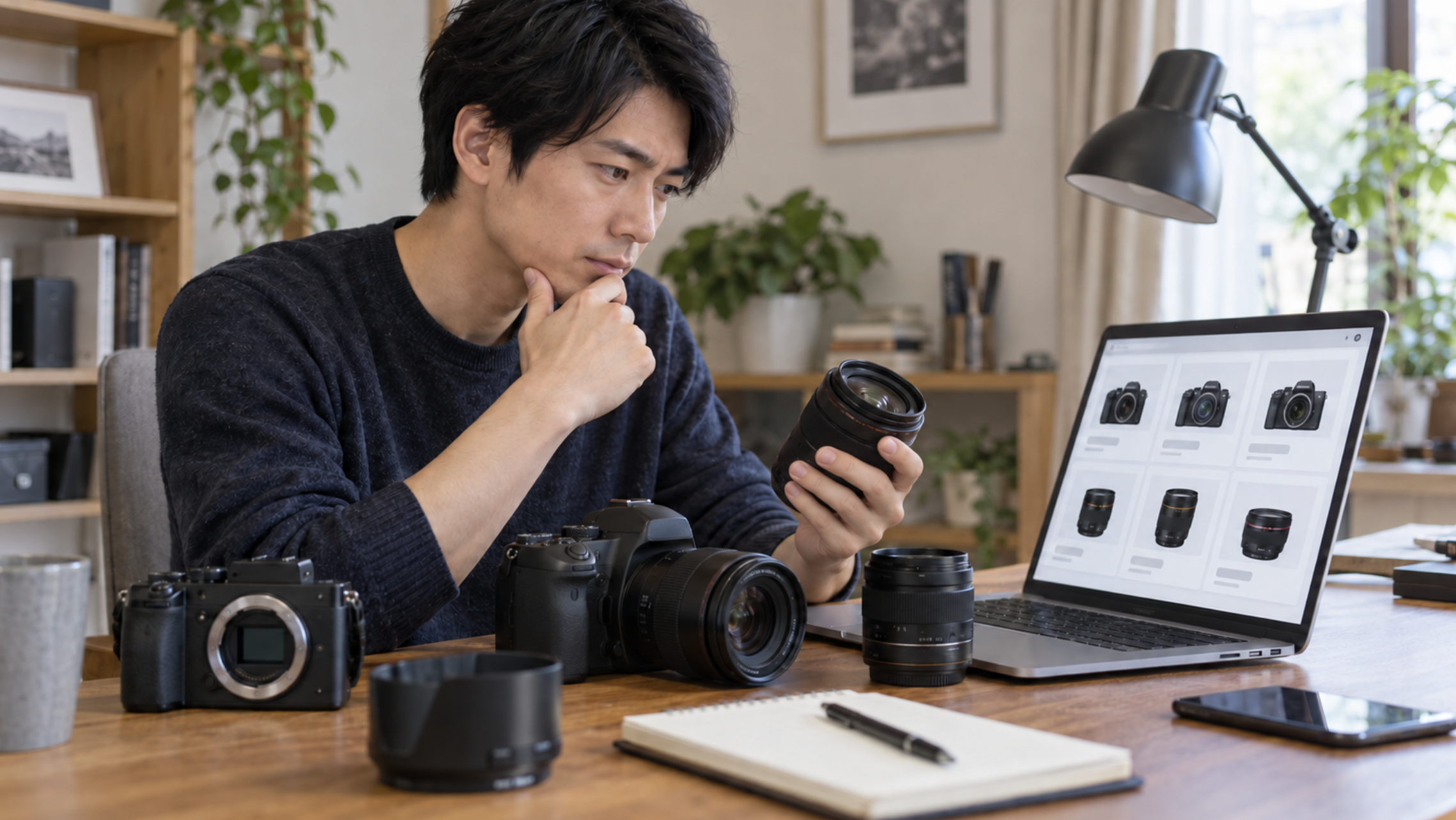 Amazonで中古カメラと交換レンズを比較する男性