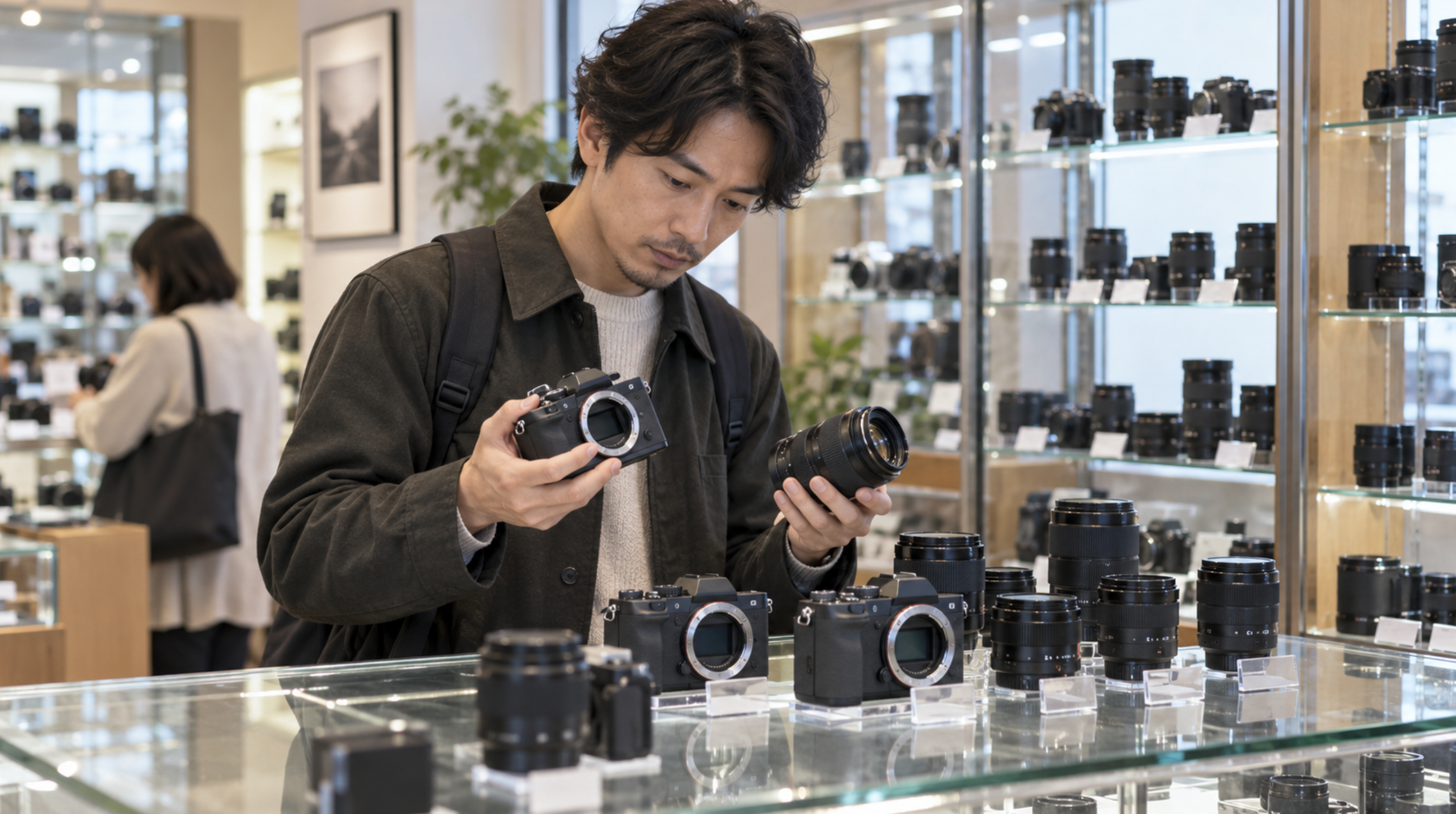 中古カメラ専門店でカメラ本体と交換レンズを比較する男性