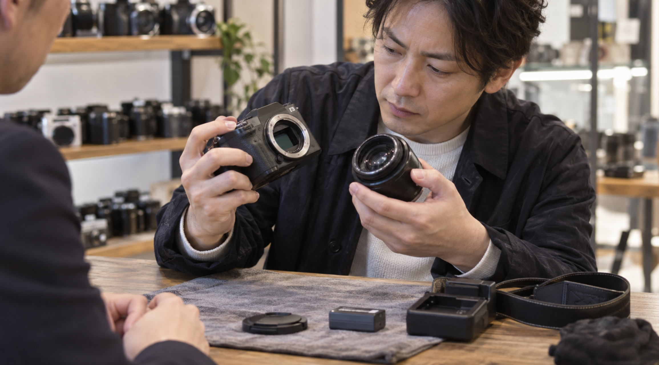 中古カメラ購入前にカメラ本体とレンズや付属品の状態を確認する男性