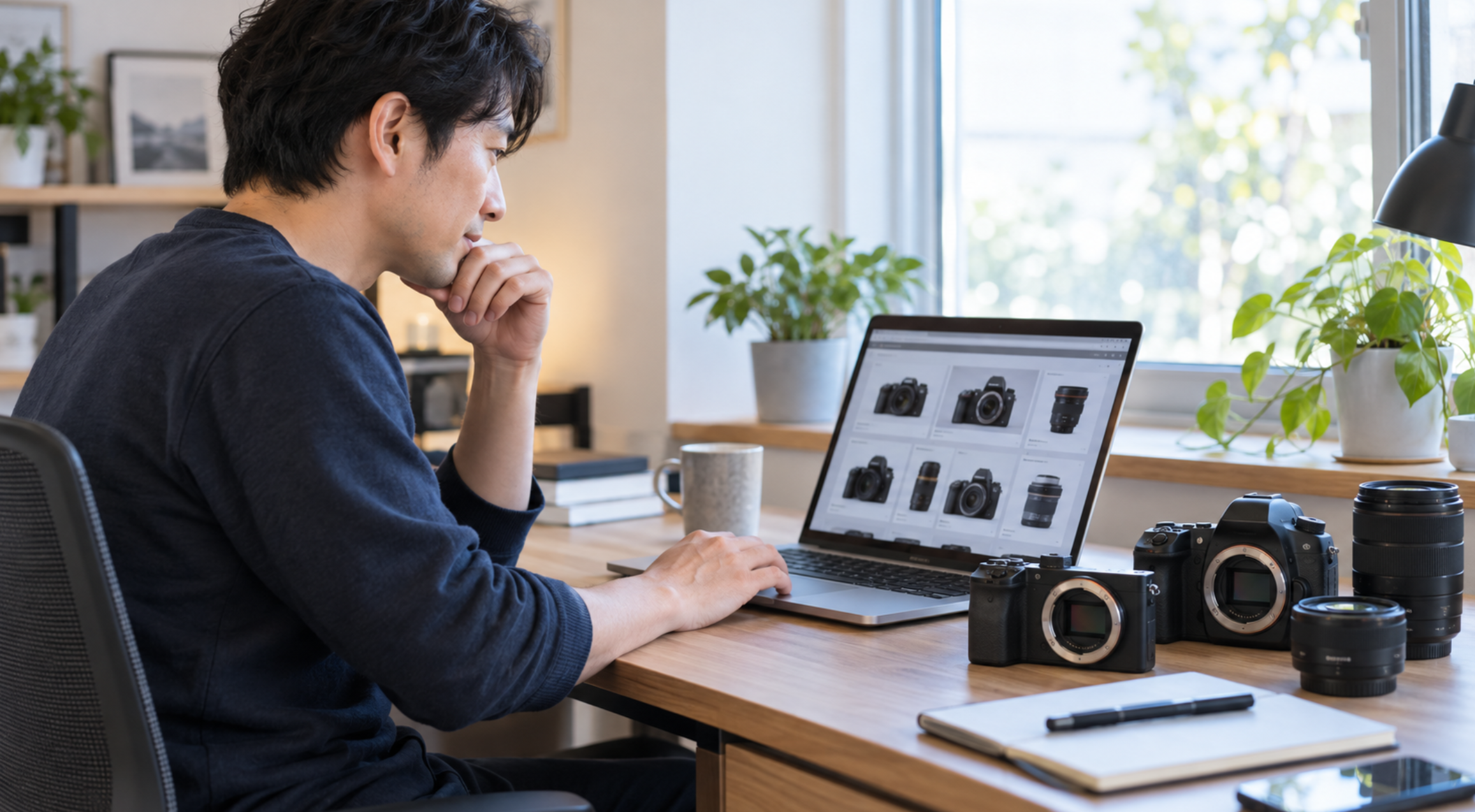 中古カメラとレンズのネット在庫をパソコンで比較する様子
