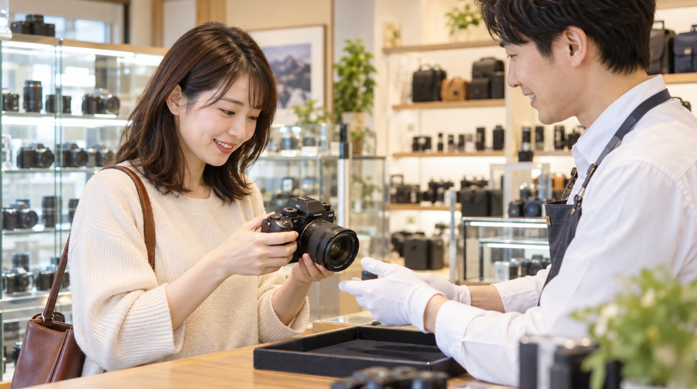 カメラ店で店舗受取した中古カメラの現品を確認する日本人女性