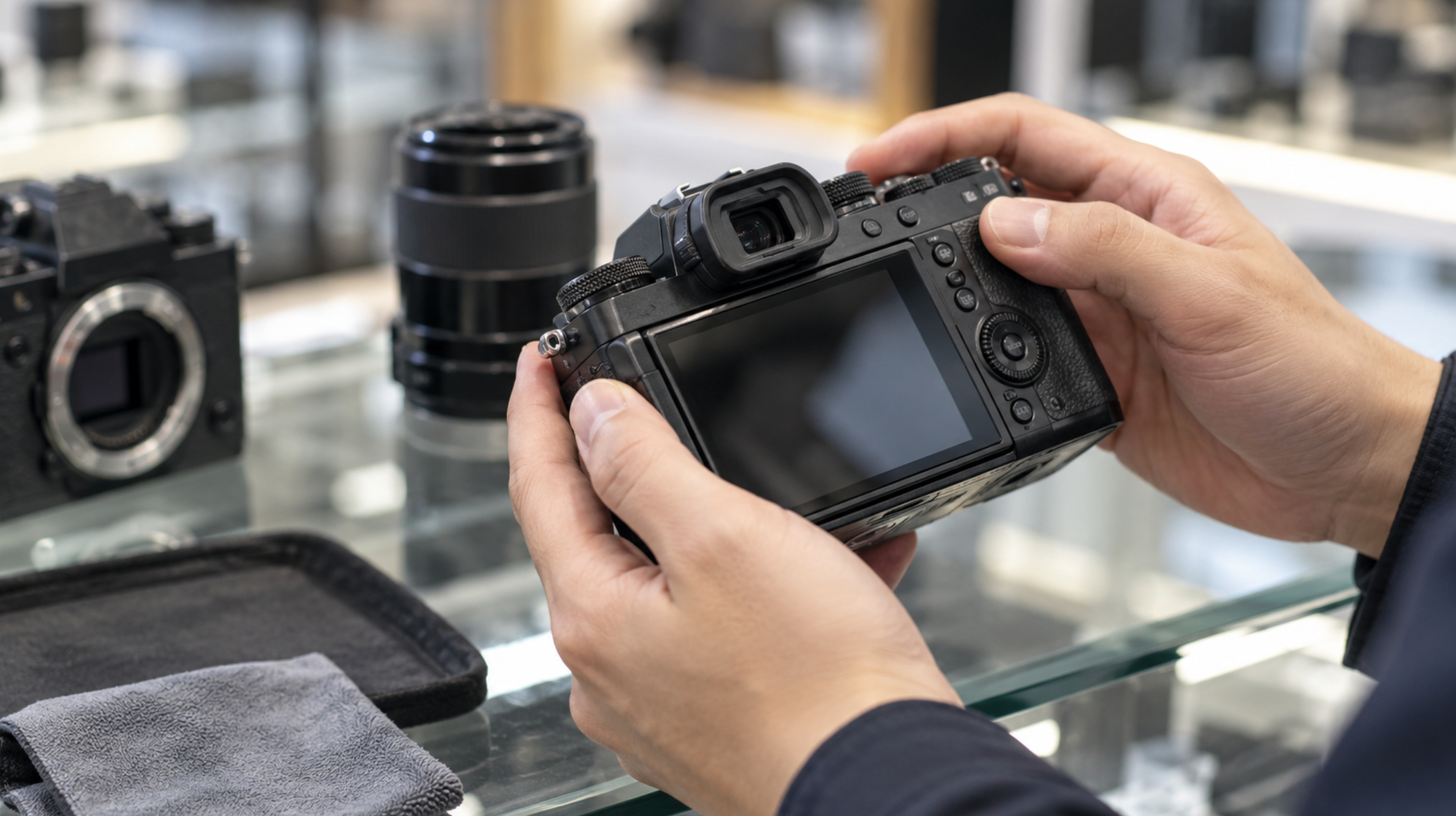 中古カメラの液晶やボタン、ダイヤルなど外観と動作状態を確認する様子