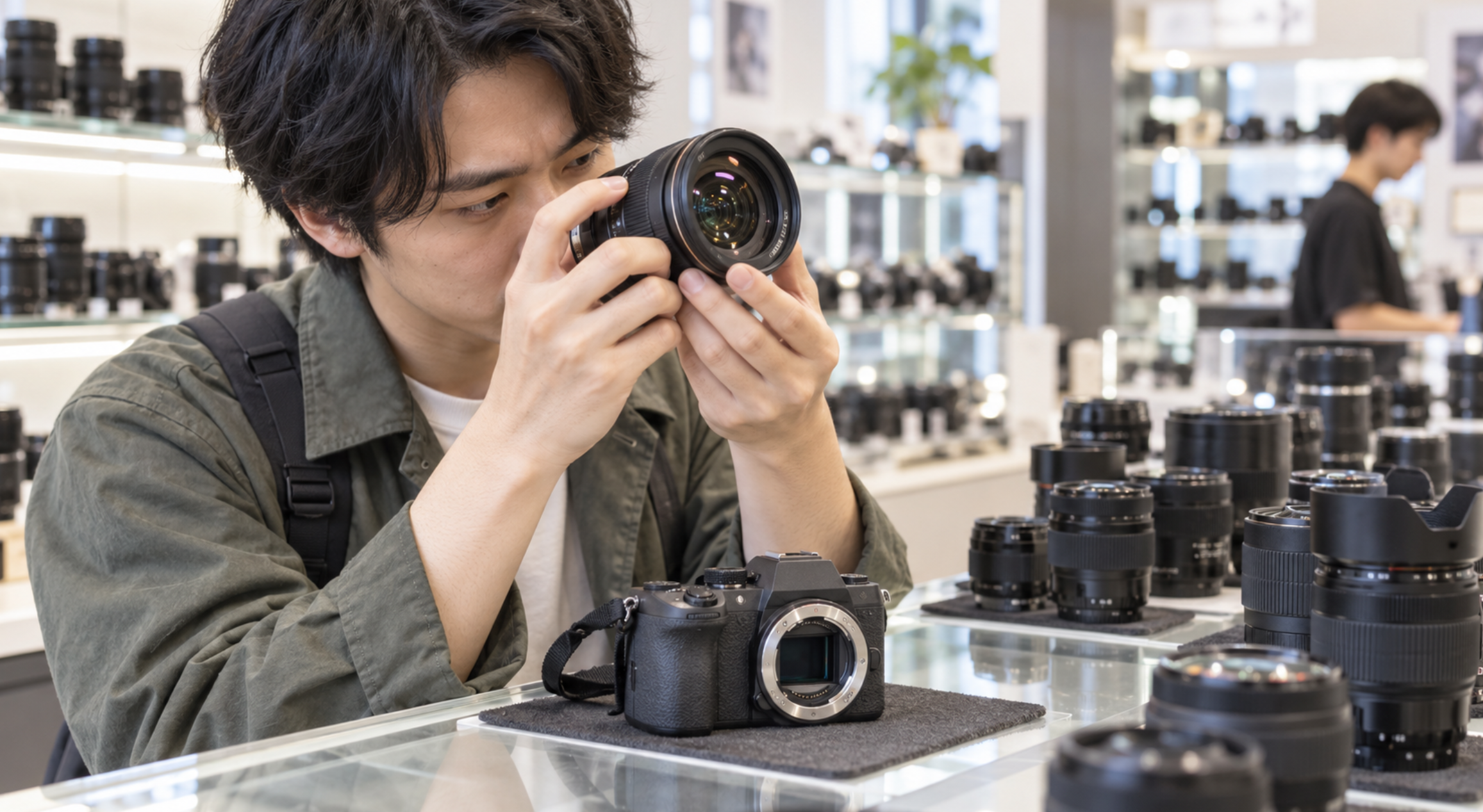 カメラ店で中古レンズの前玉や内部の状態を確認する日本人男性