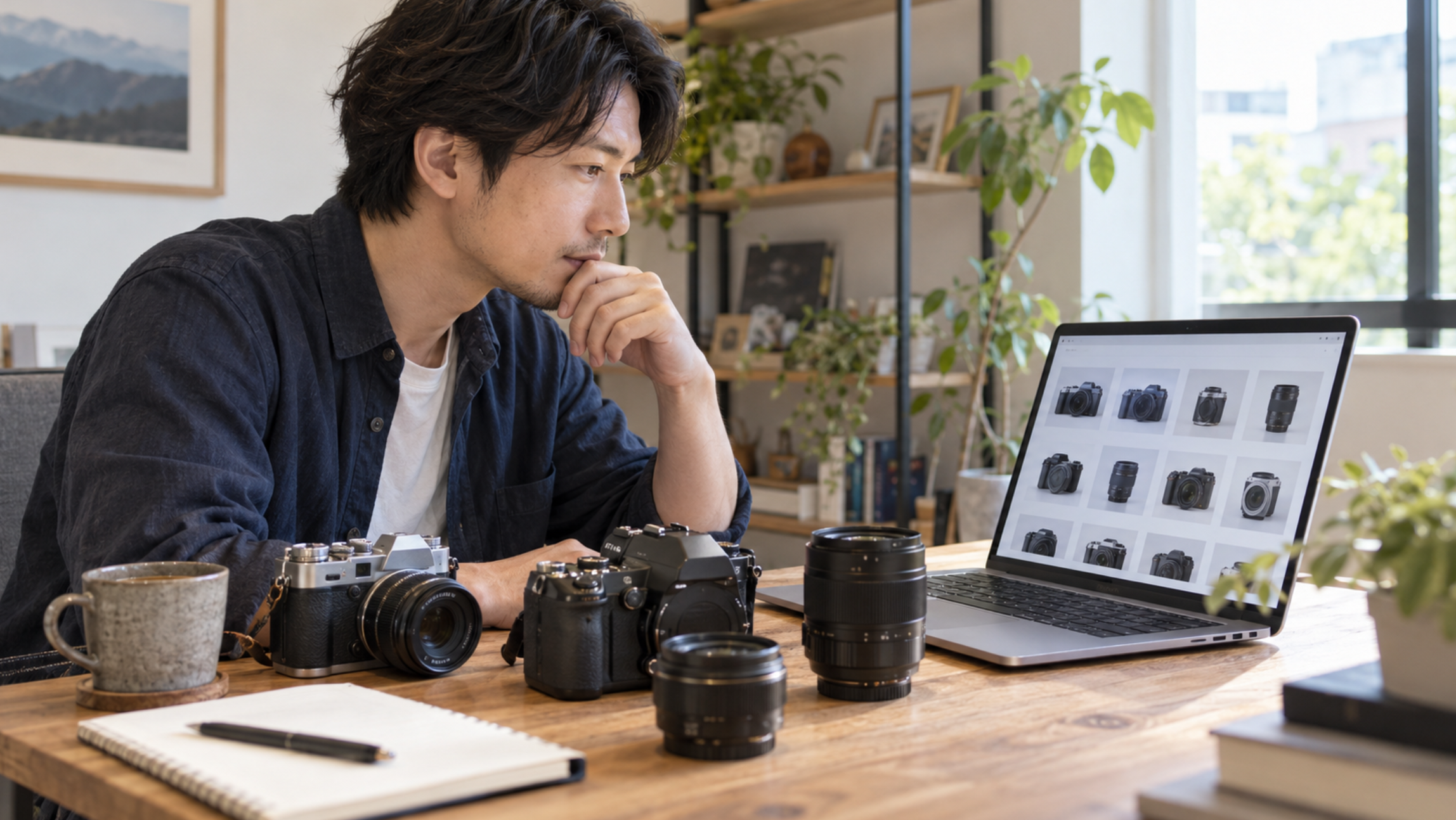 J-カメラのような中古カメラ検索で複数の在庫を比較する日本人男性