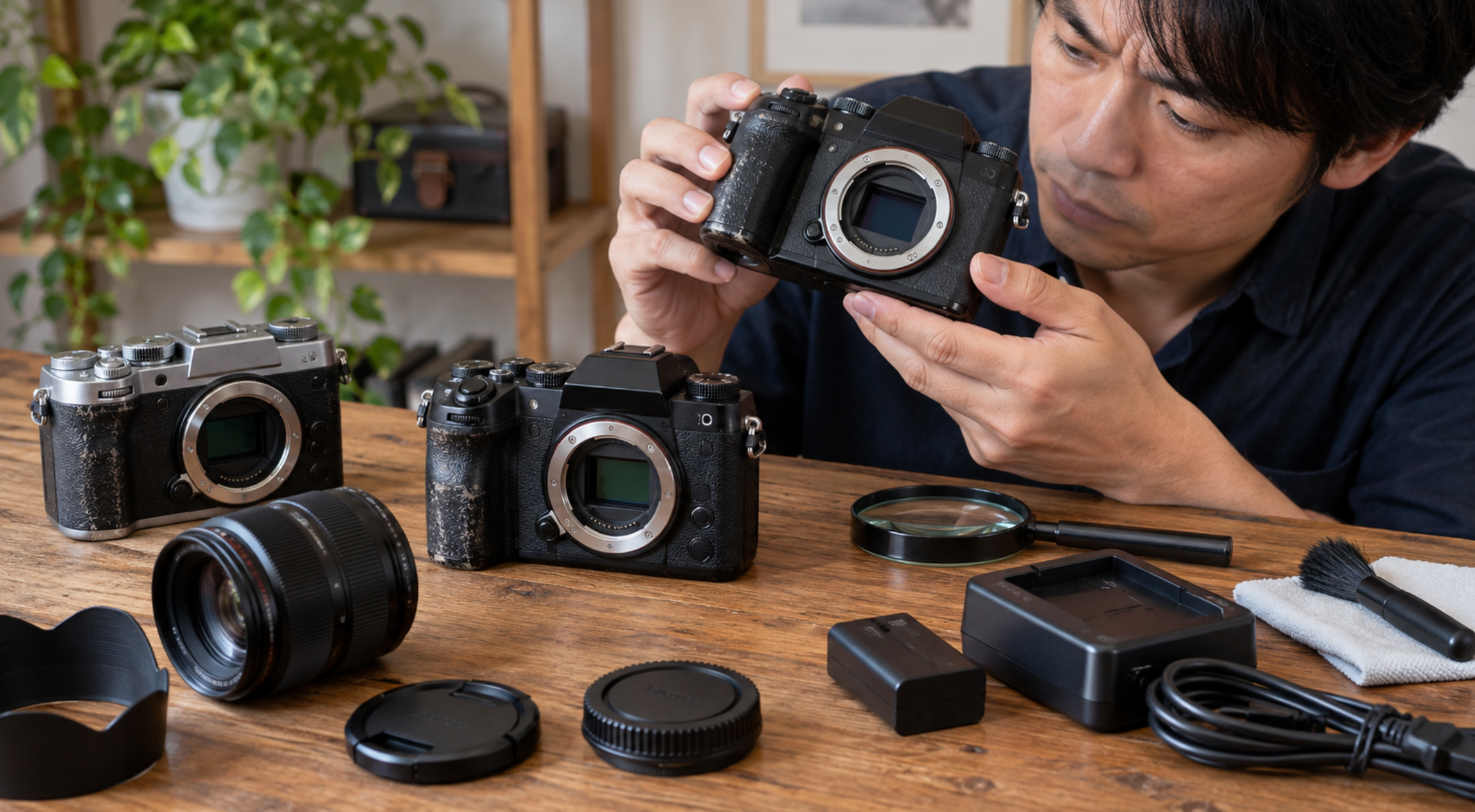 中古カメラの外観や付属品を比較し状態を確認する日本人男性