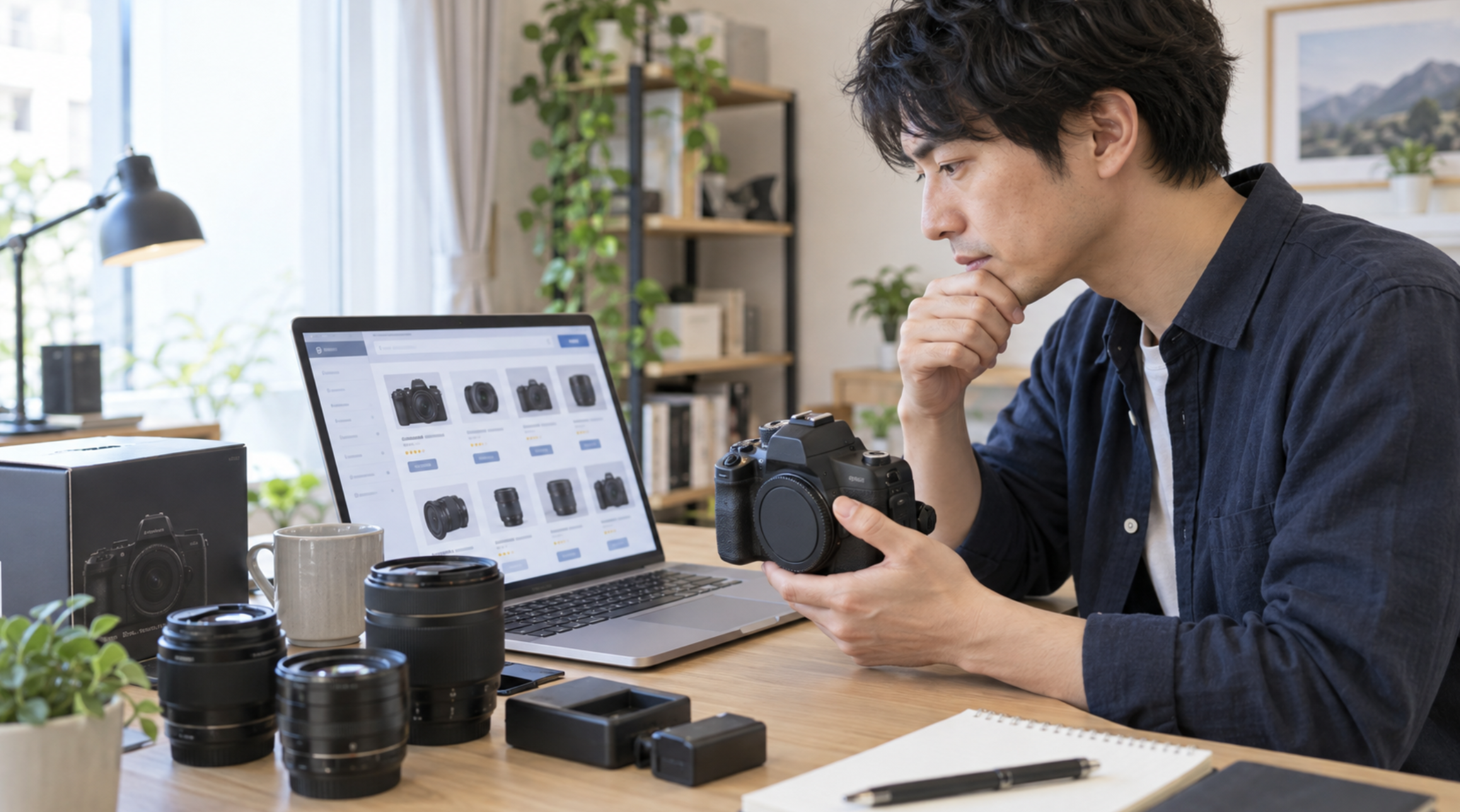 Amazonなどで中古カメラの価格や状態を比較する日本人男性