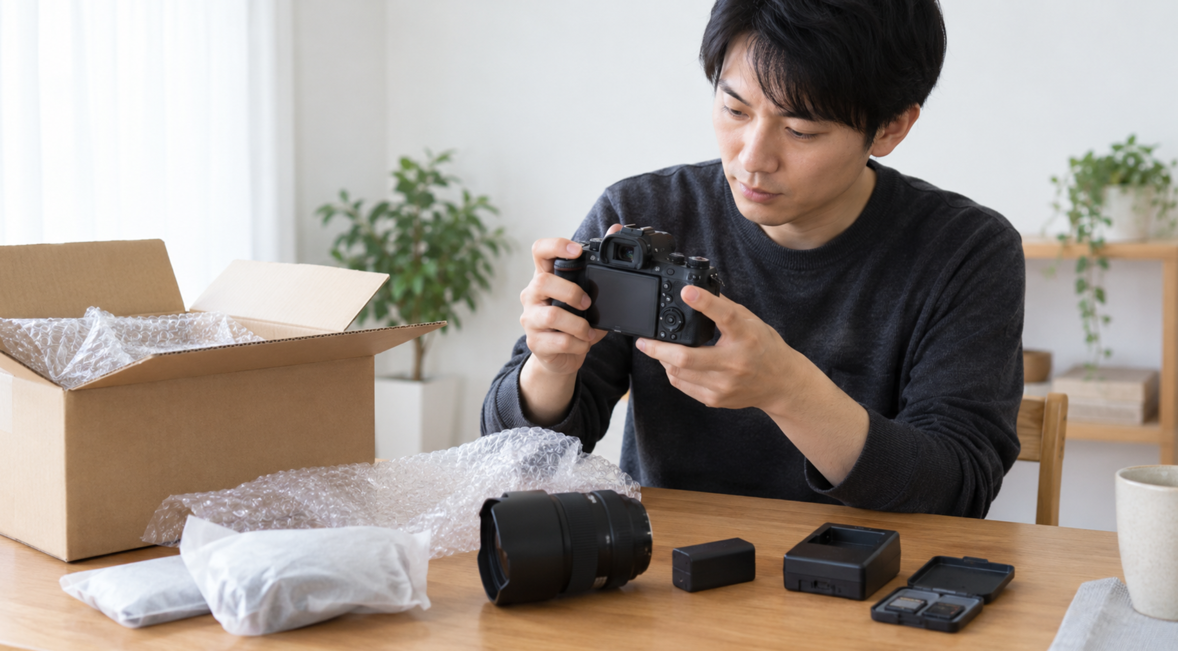 Amazonで届いた中古カメラを開封して動作確認する日本人男性
